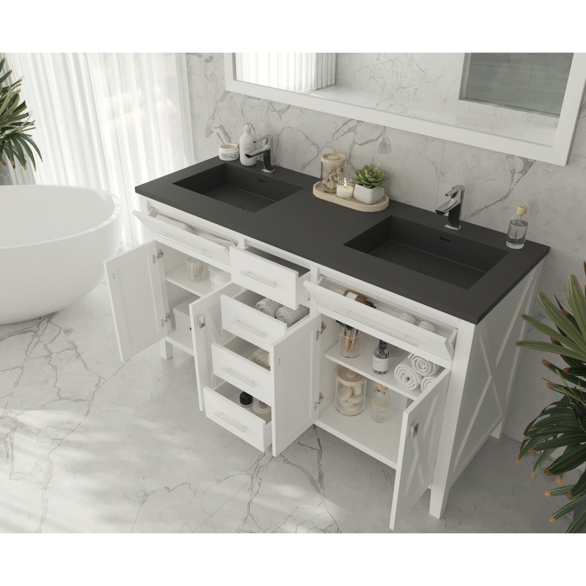 Wimbledon 60" White Double Sink Bathroom Vanity with Matte Black VIVA Stone Solid Surface Countertop