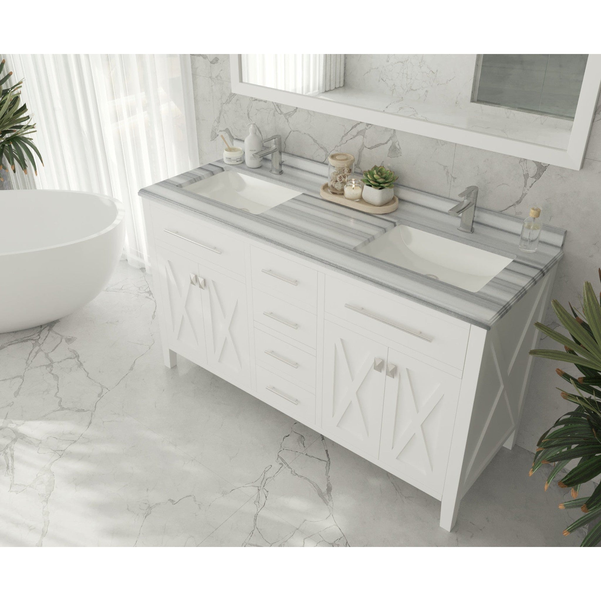 Wimbledon 60" White Double Sink Bathroom Vanity with White Stripes Marble Countertop