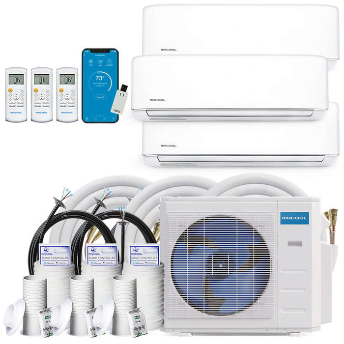 MRCOOL DIY 4th Gen 36K BTU 3-Zone Condenser with 9K+9K+18K handlers, 1 x 16ft, 2 x 25ft, and 1 x 50ft linesets