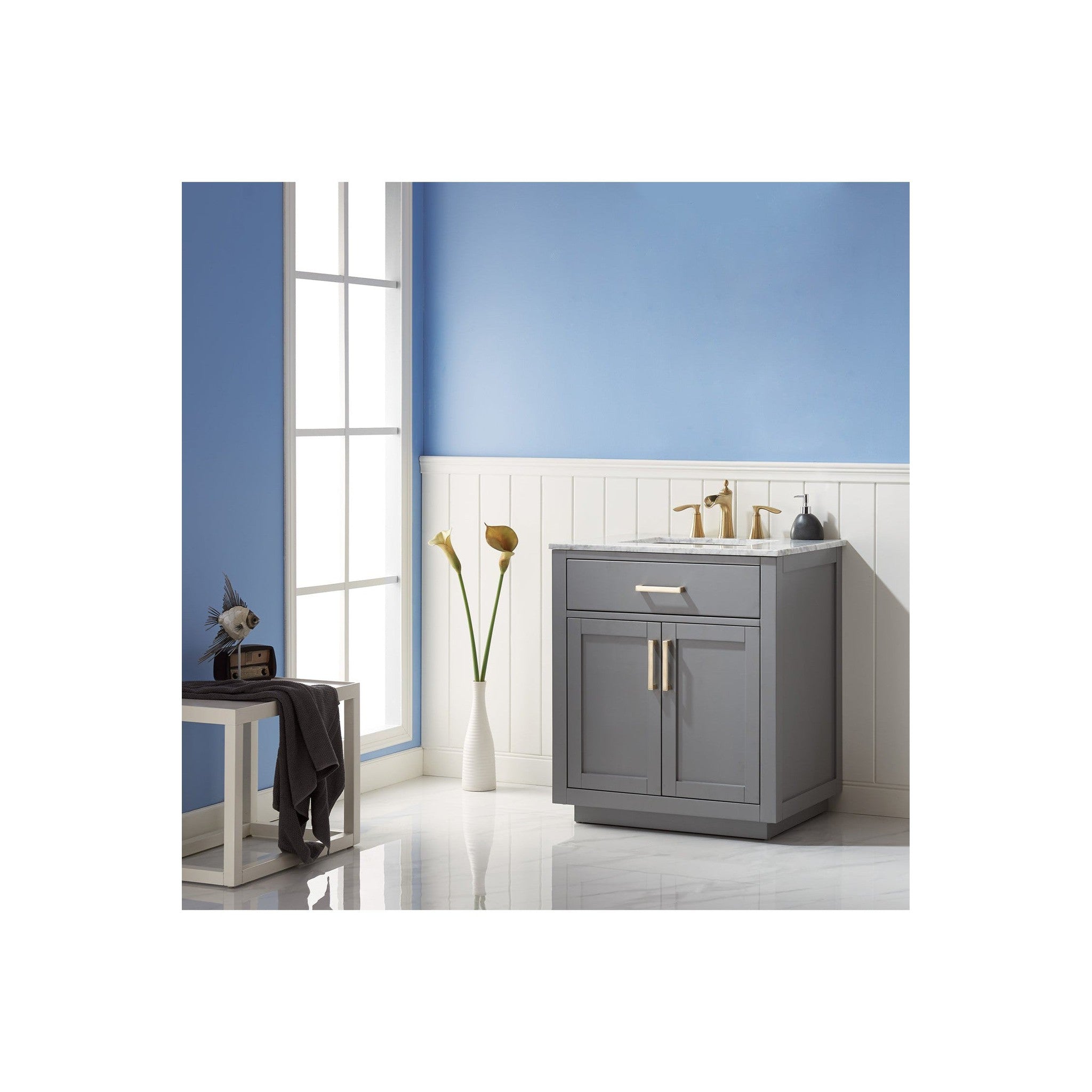 Ivy 30" Single Bathroom Vanity Set in Gray and Carrara White Marble Countertop without Mirror