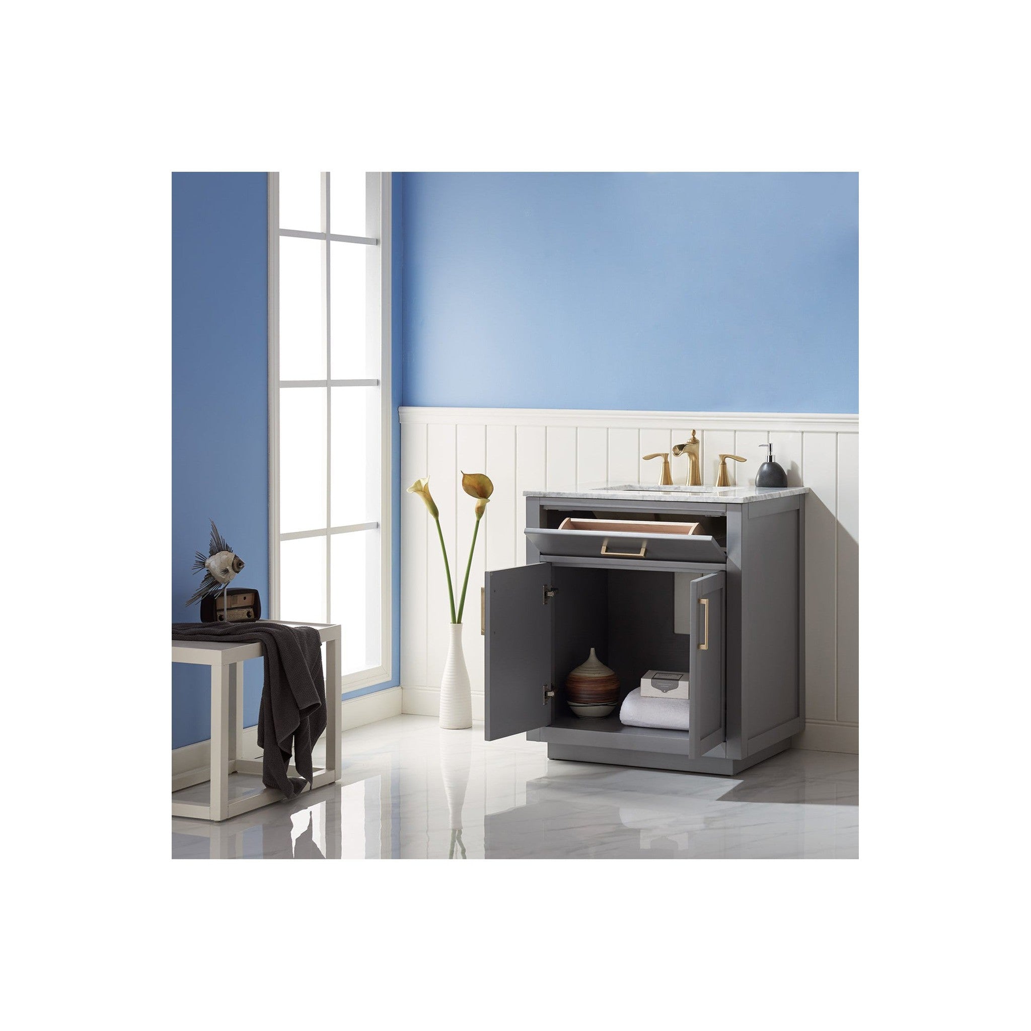 Ivy 30" Single Bathroom Vanity Set in Gray and Carrara White Marble Countertop without Mirror