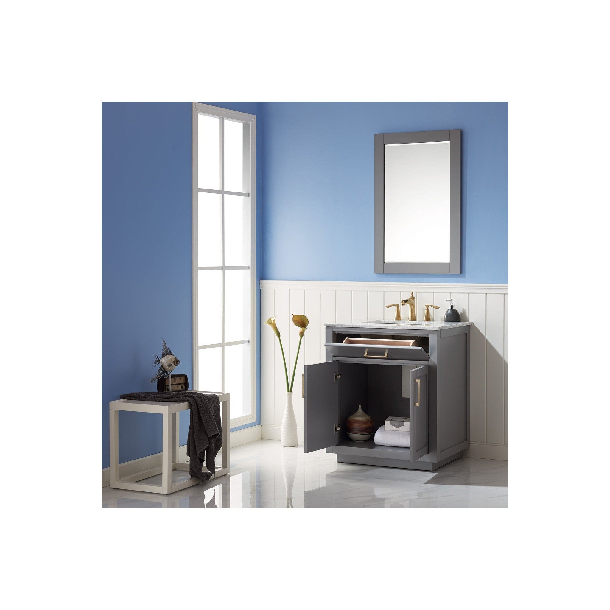 Ivy 30" Single Bathroom Vanity Set in Gray and Carrara White Marble Countertop with Mirror