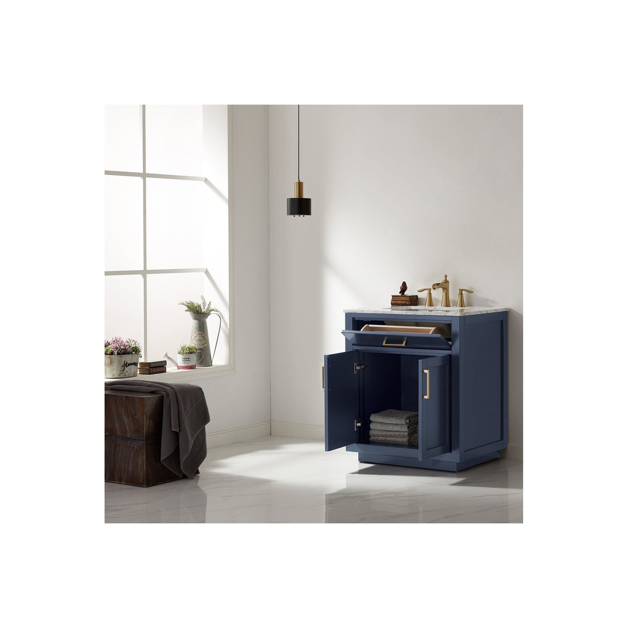 Ivy 30" Single Bathroom Vanity Set in Royal Blue and Carrara White Marble Countertop without Mirror