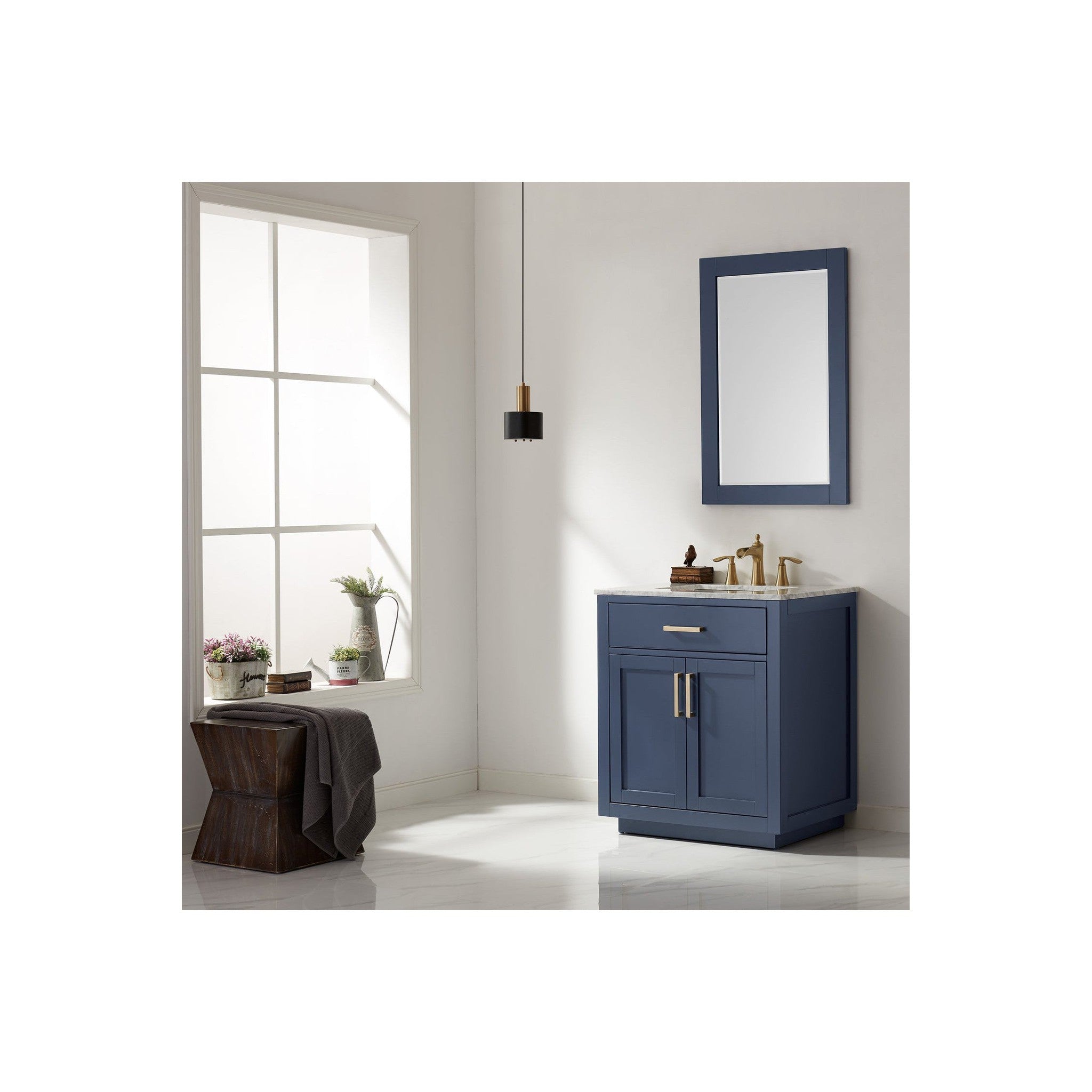 Ivy 30" Single Bathroom Vanity Set in Royal Blue and Carrara White Marble Countertop with Mirror