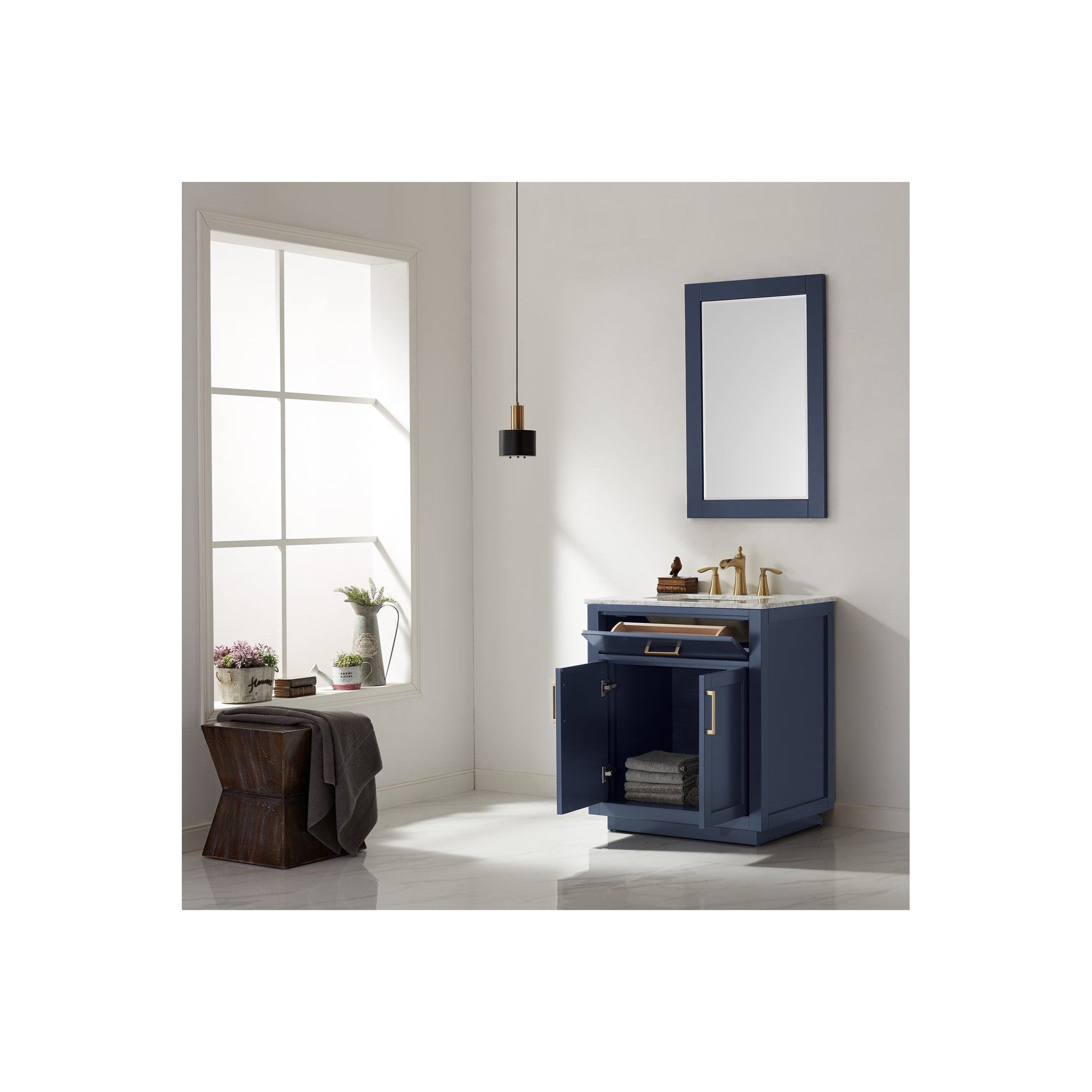 Ivy 30" Single Bathroom Vanity Set in Royal Blue and Carrara White Marble Countertop with Mirror