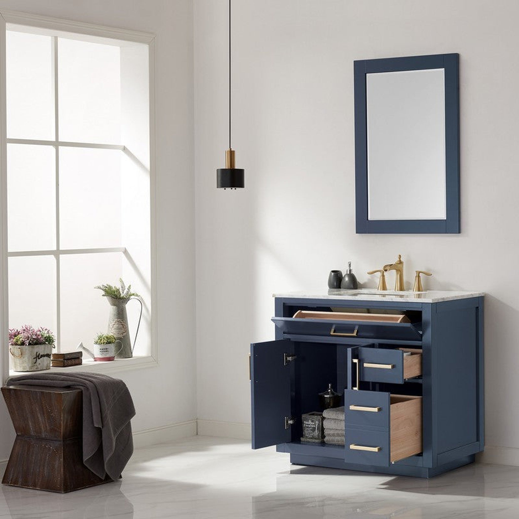 Ivy 36 Inch Single Bathroom Vanity Cabinet Only and Mirror without Countertop, Royal Blue