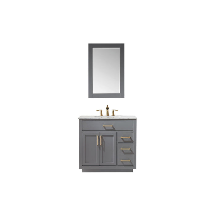 Ivy 36" Single Bathroom Vanity Set in Gray and Carrara White Marble Countertop with Mirror