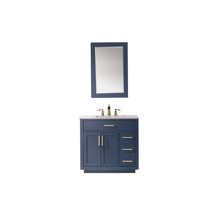 Ivy 36" Single Bathroom Vanity Set in Royal Blue and Carrara White Marble Countertop with Mirror
