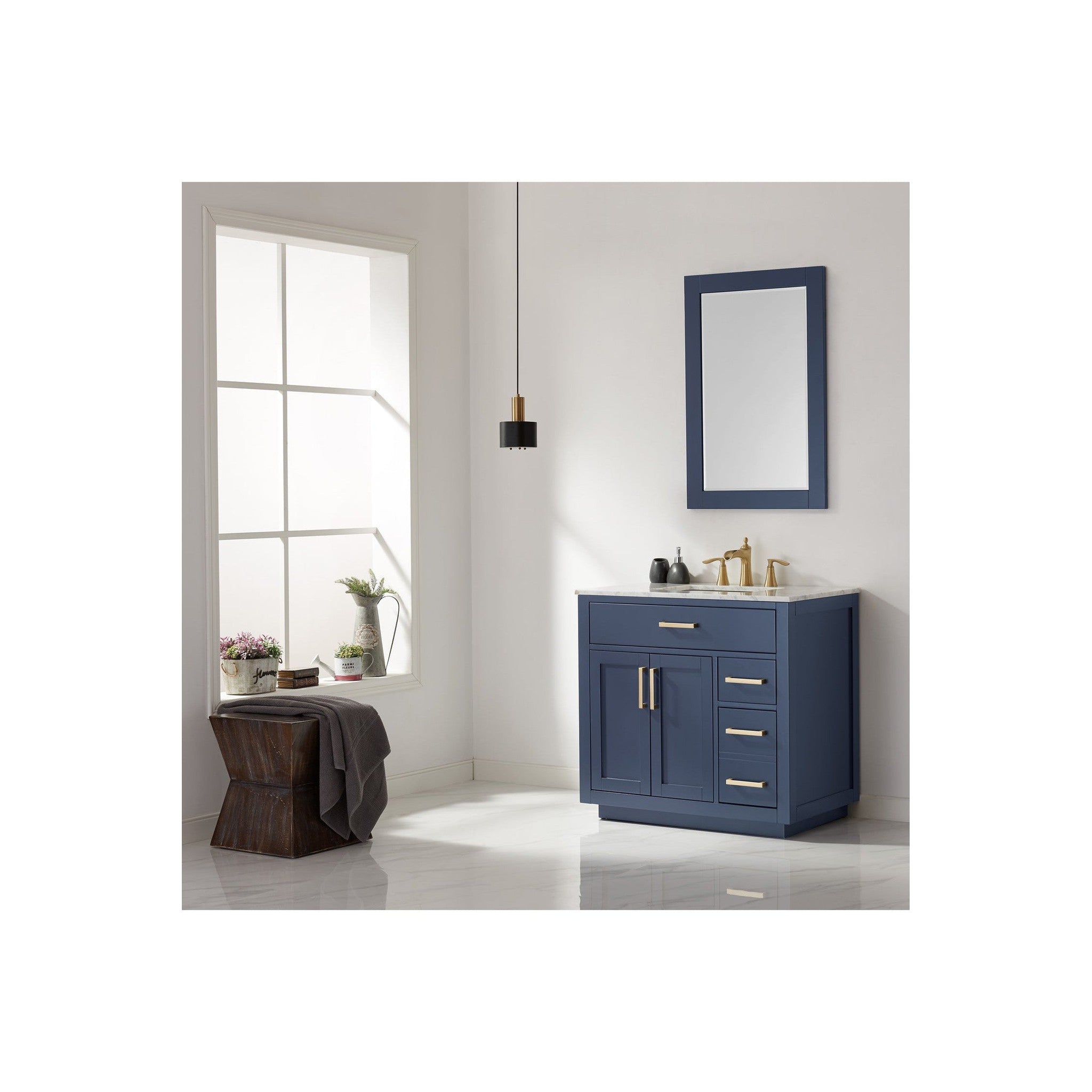 Ivy 36" Single Bathroom Vanity Set in Royal Blue and Carrara White Marble Countertop with Mirror