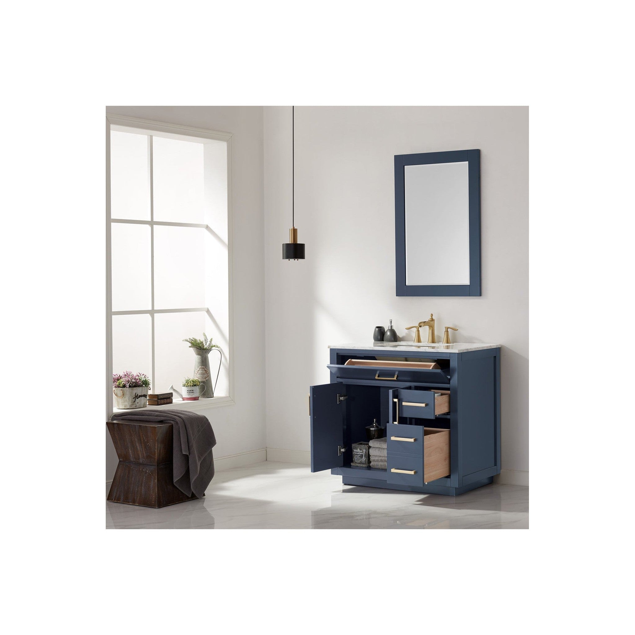 Ivy 36" Single Bathroom Vanity Set in Royal Blue and Carrara White Marble Countertop with Mirror