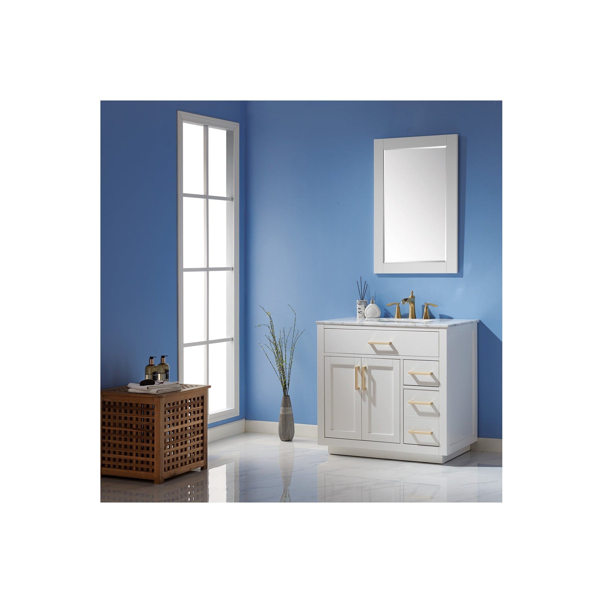 Ivy 36" Single Bathroom Vanity Set in White and Carrara White Marble Countertop with Mirror