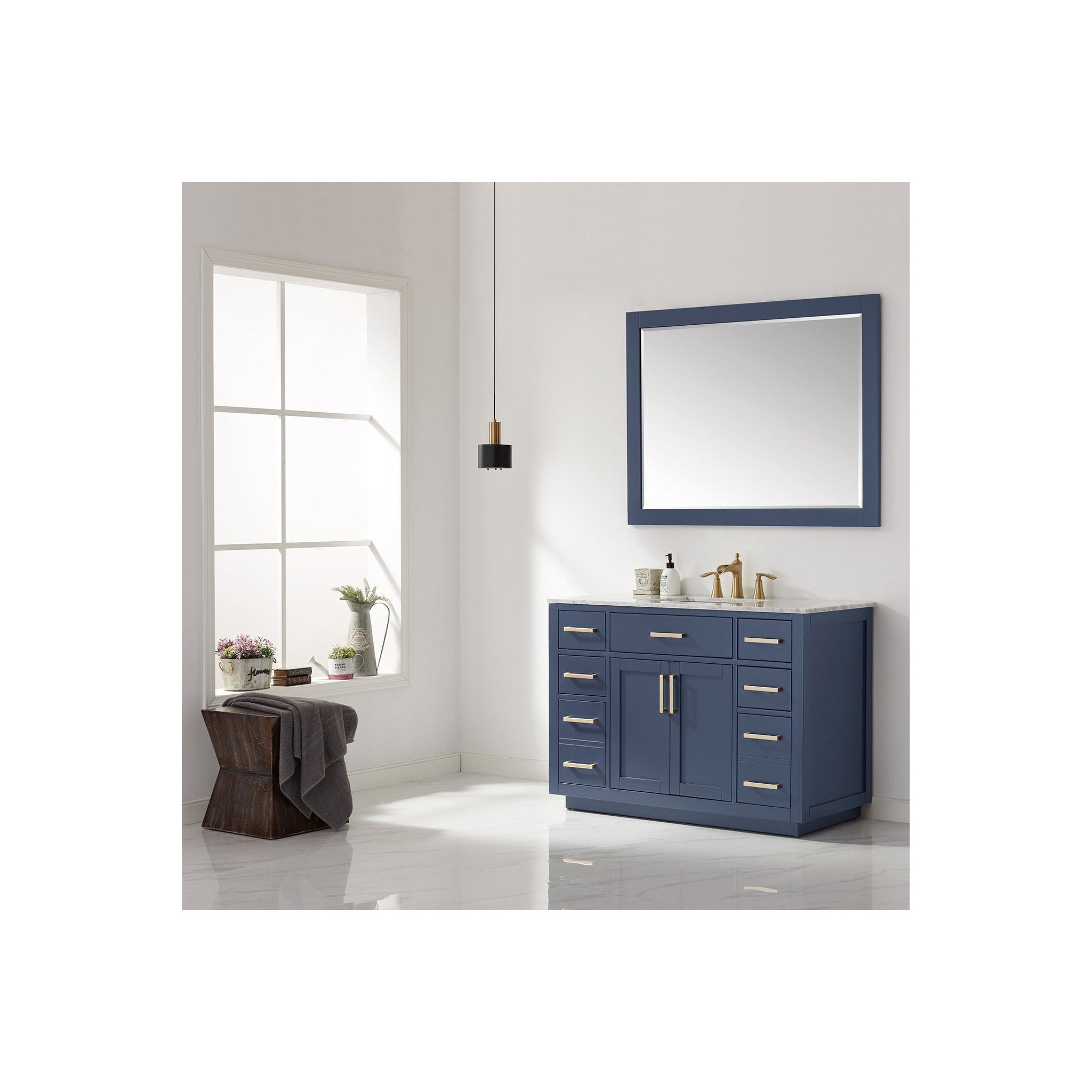 Ivy 48" Single Bathroom Vanity Set in Royal Blue and Carrara White Marble Countertop with Mirror