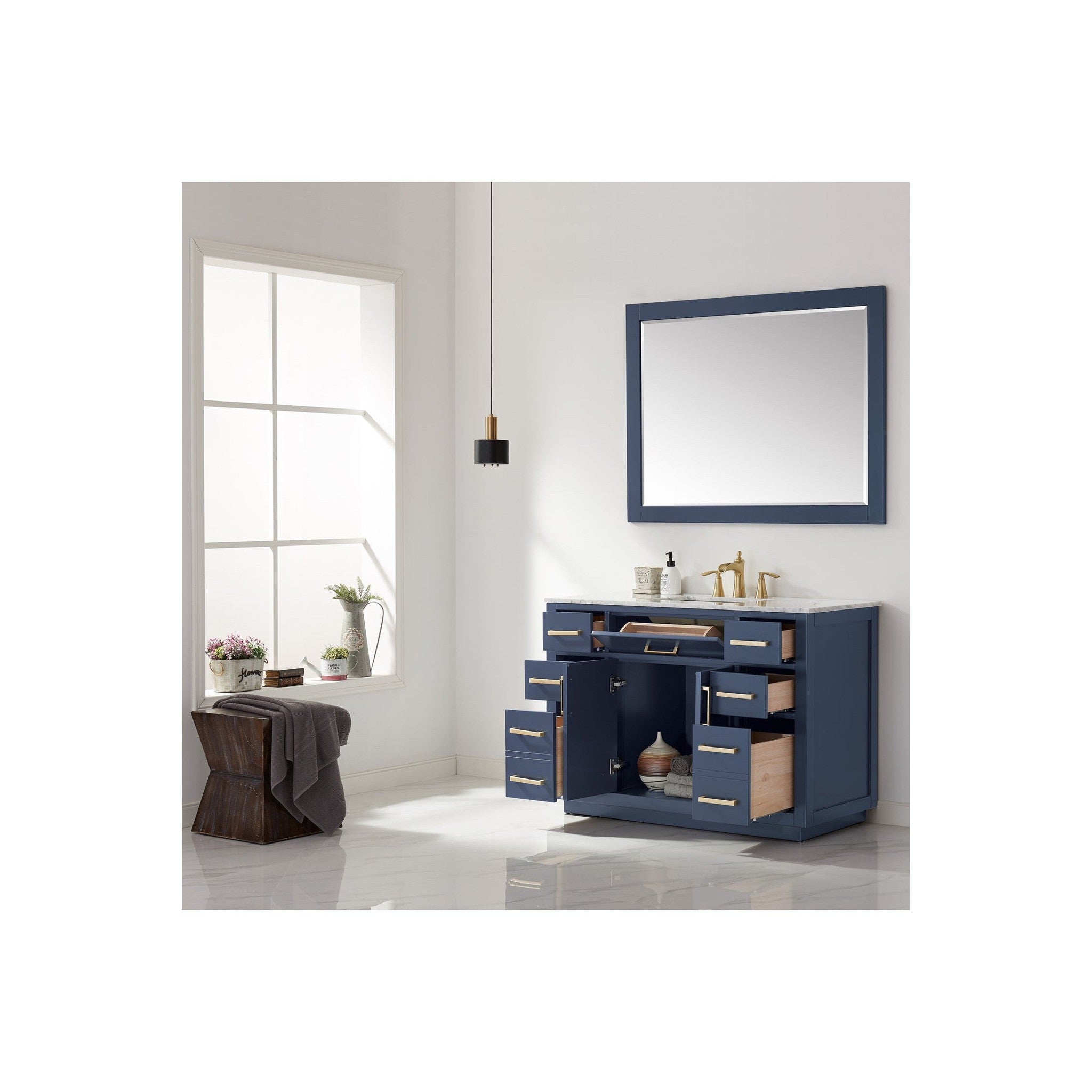 Ivy 48" Single Bathroom Vanity Set in Royal Blue and Carrara White Marble Countertop with Mirror