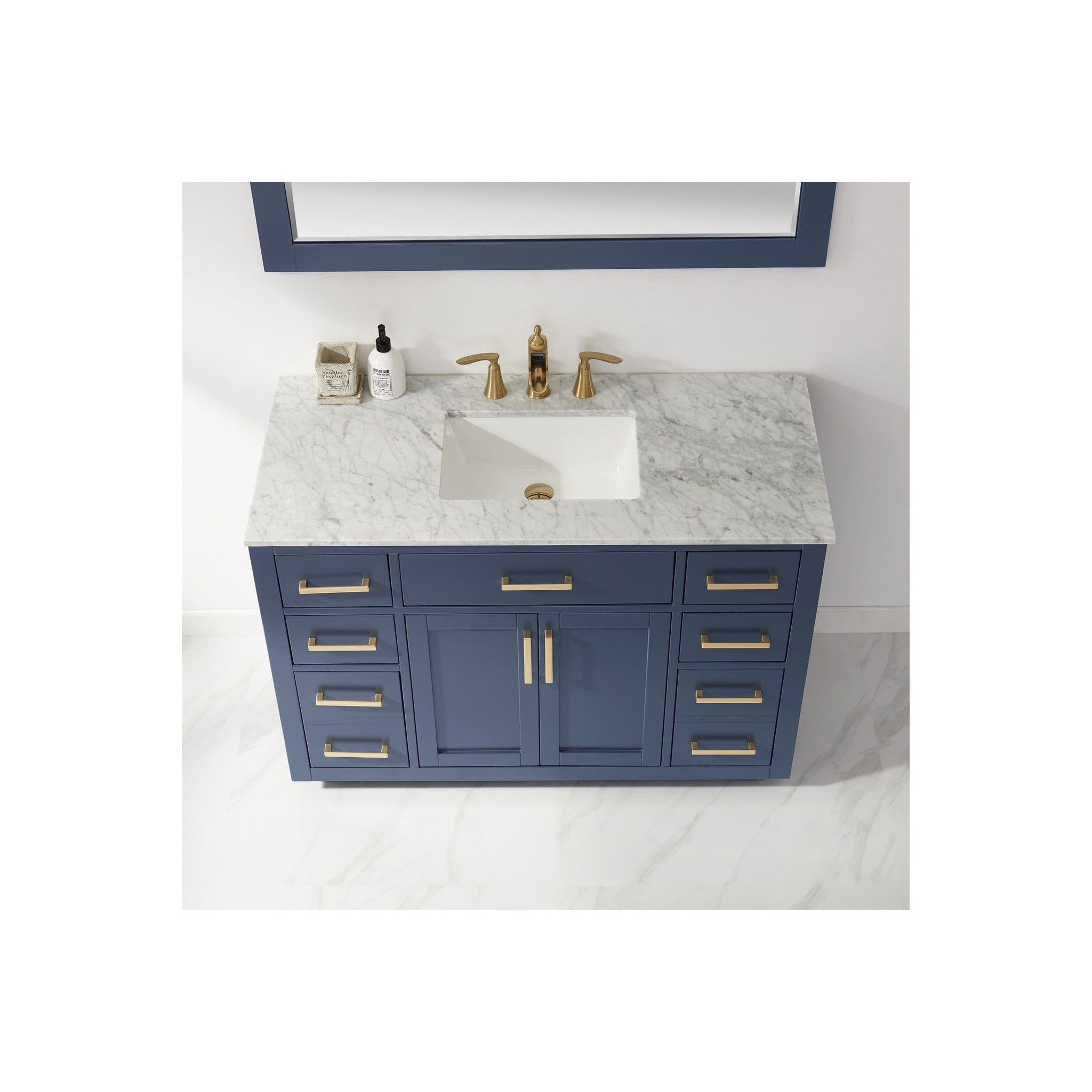 Ivy 48" Single Bathroom Vanity Set in Royal Blue and Carrara White Marble Countertop with Mirror