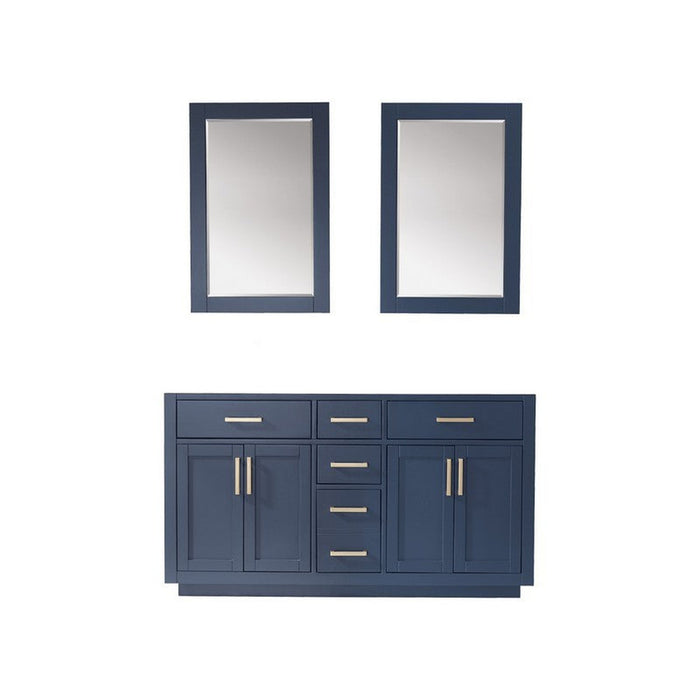 Ivy 60" Double Bathroom Vanity Cabinet Only in Royal Blue and Mirror, without Countertop