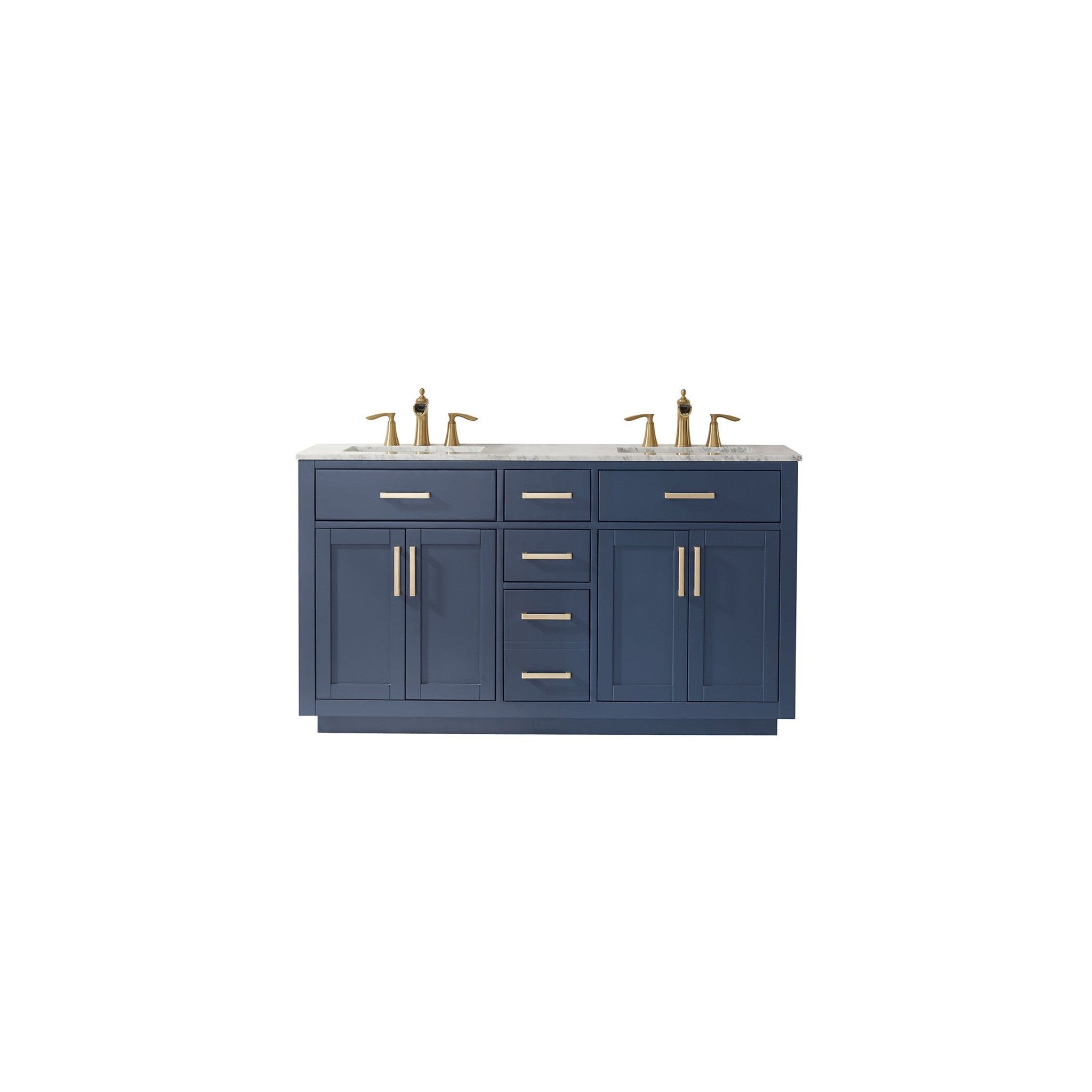 Ivy 60" Double Bathroom Vanity Set in Royal Blue and Carrara White Marble Countertop without Mirror
