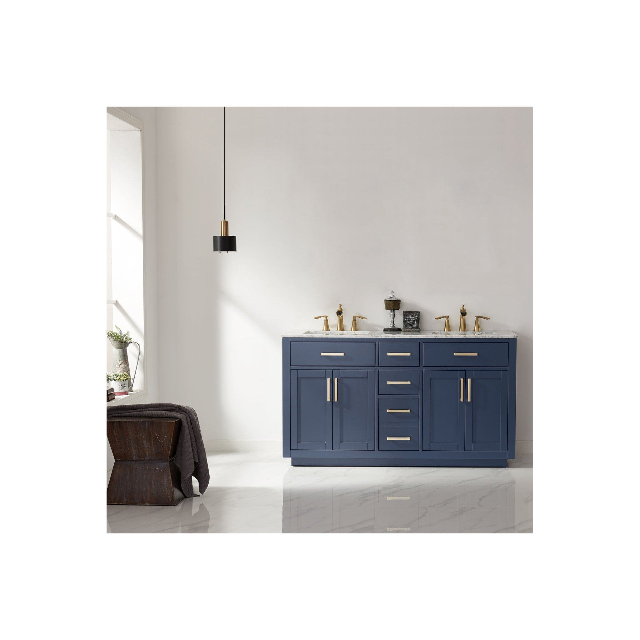 Ivy 60" Double Bathroom Vanity Set in Royal Blue and Carrara White Marble Countertop without Mirror