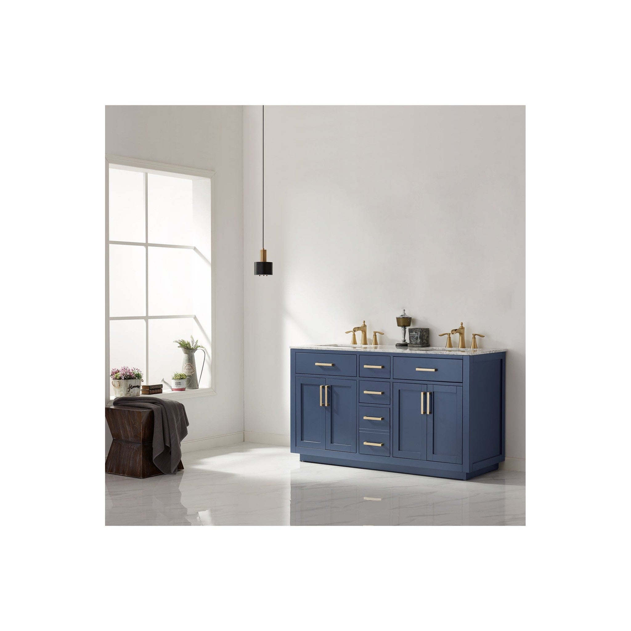 Ivy 60" Double Bathroom Vanity Set in Royal Blue and Carrara White Marble Countertop without Mirror