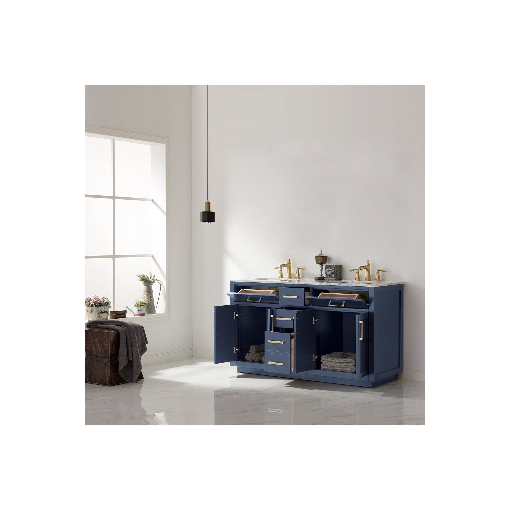 Ivy 60" Double Bathroom Vanity Set in Royal Blue and Carrara White Marble Countertop without Mirror