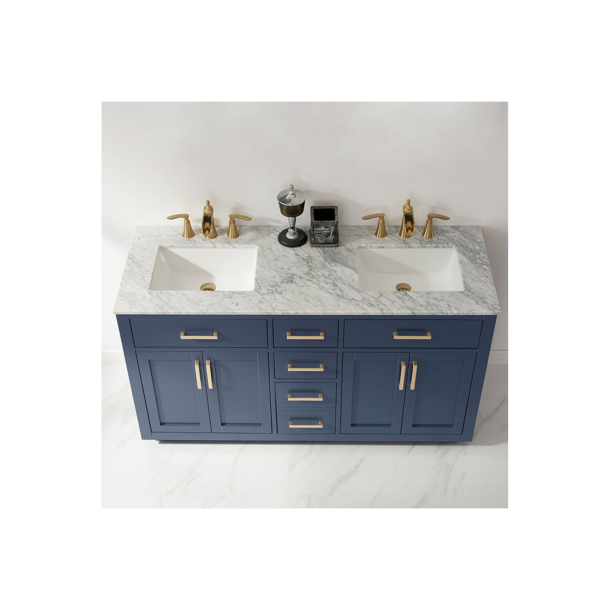 Ivy 60" Double Bathroom Vanity Set in Royal Blue and Carrara White Marble Countertop without Mirror