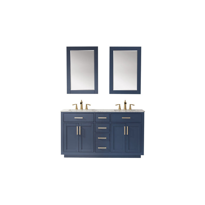 Ivy 60" Double Bathroom Vanity Set in Royal Blue and Carrara White Marble Countertop with Mirror