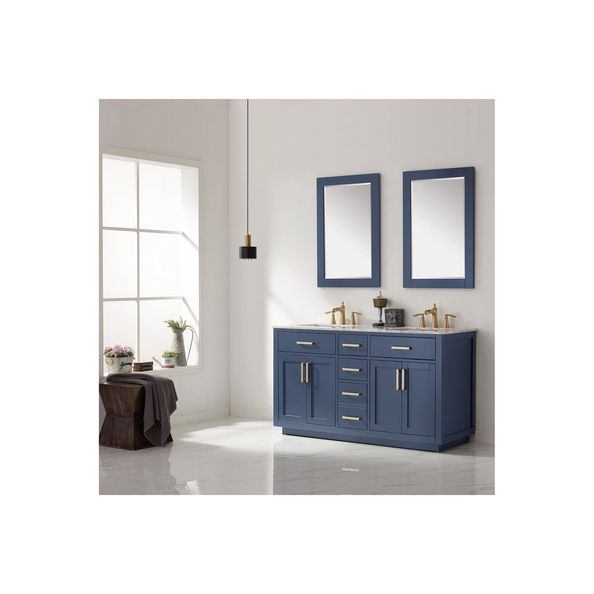 Ivy 60" Double Bathroom Vanity Set in Royal Blue and Carrara White Marble Countertop with Mirror