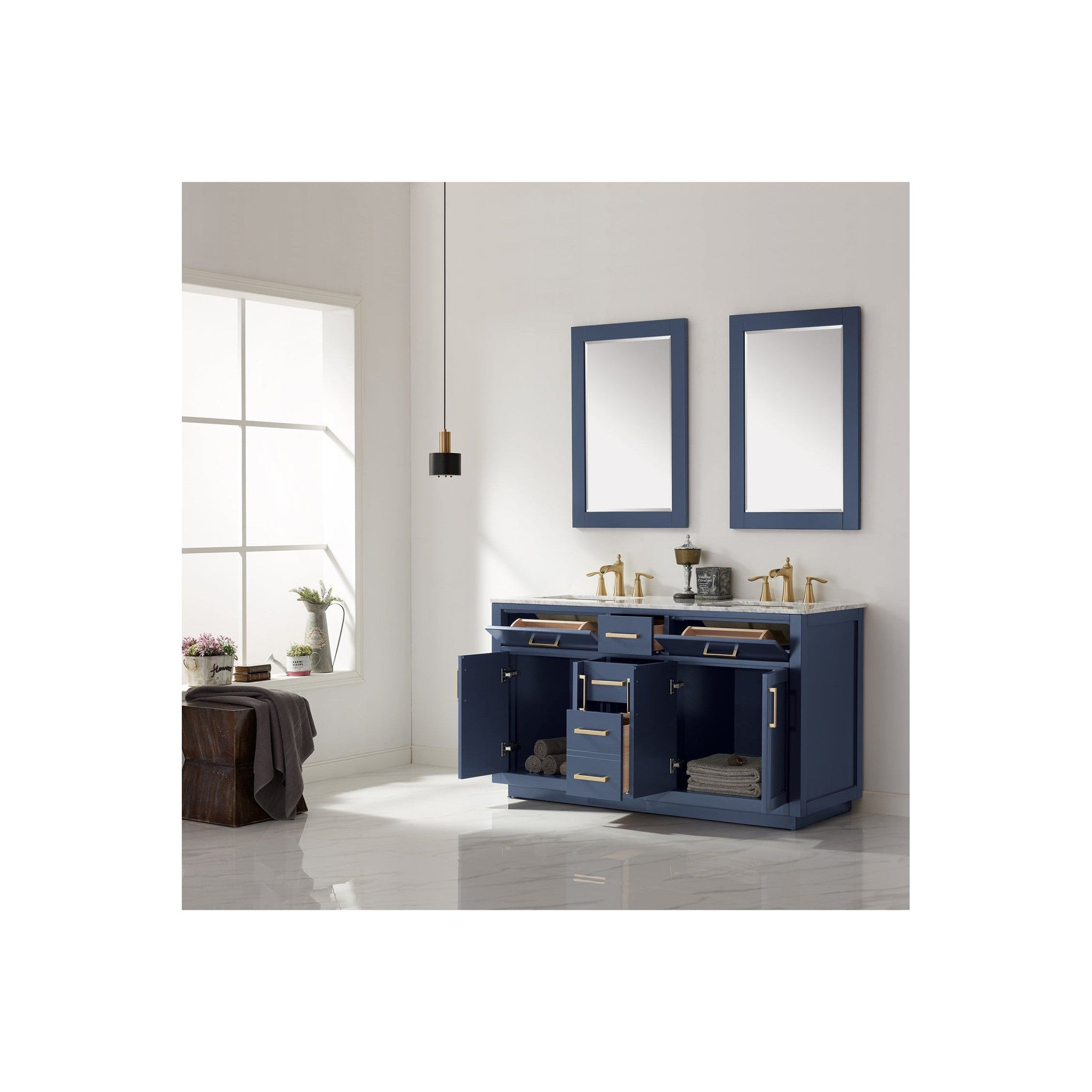Ivy 60" Double Bathroom Vanity Set in Royal Blue and Carrara White Marble Countertop with Mirror