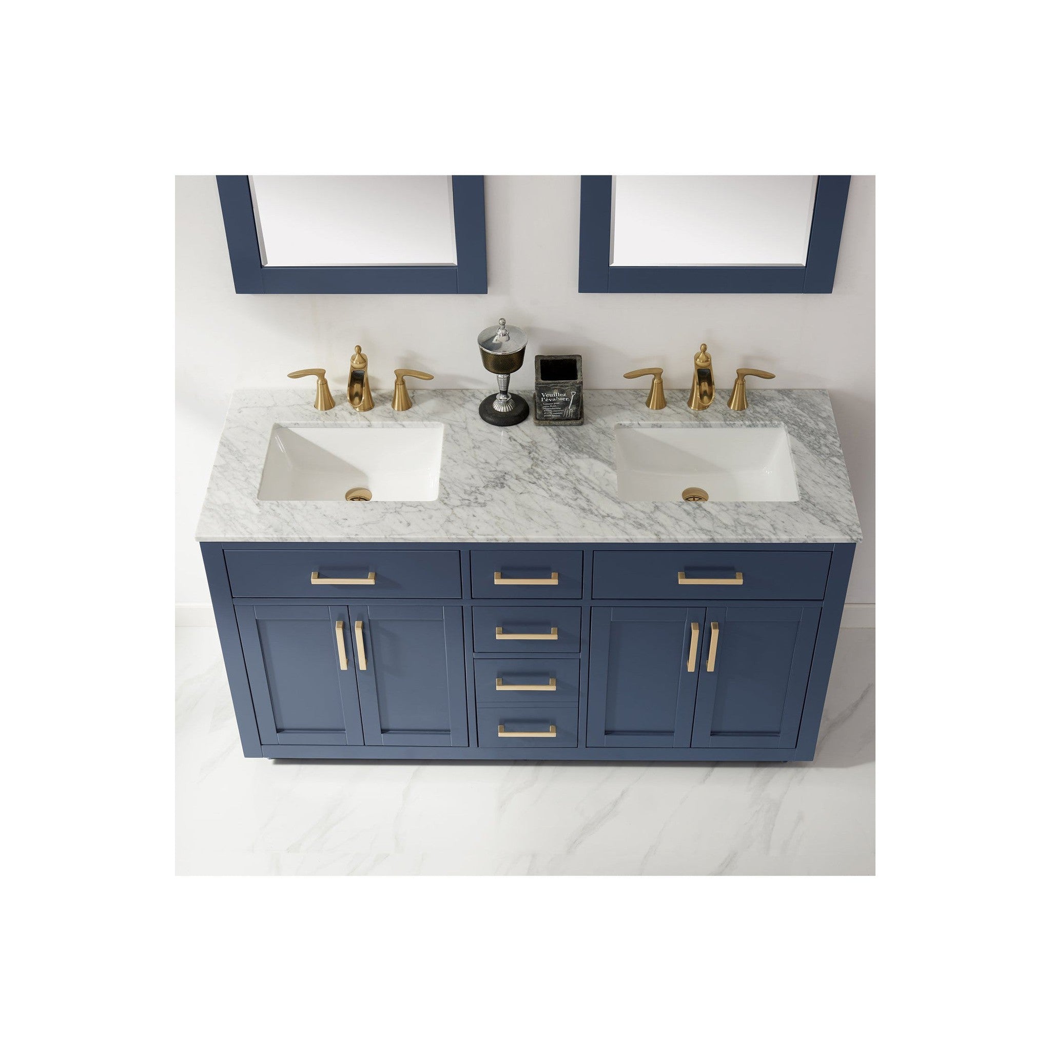 Ivy 60" Double Bathroom Vanity Set in Royal Blue and Carrara White Marble Countertop with Mirror
