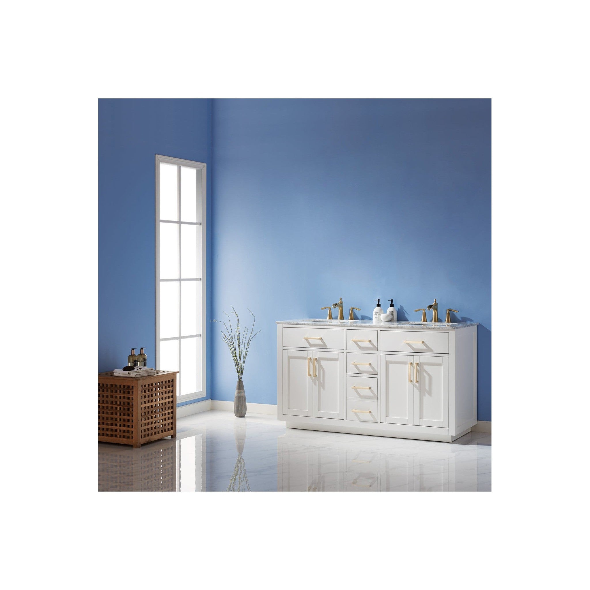 Ivy 60" Double Bathroom Vanity Set in White and Carrara White Marble Countertop without Mirror