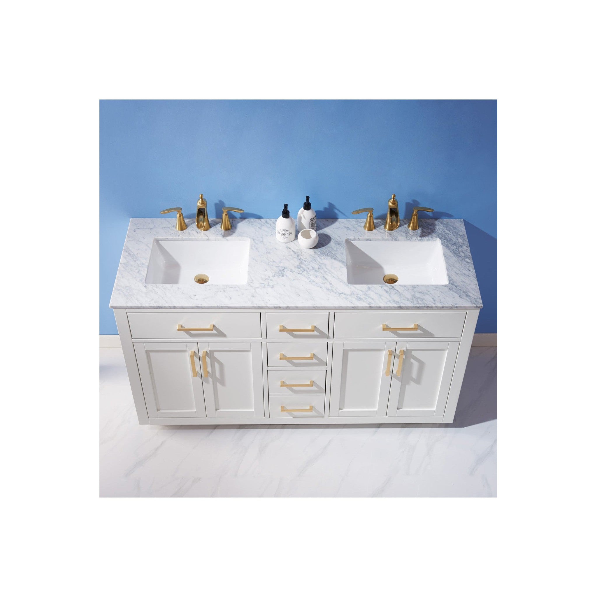 Ivy 60" Double Bathroom Vanity Set in White and Carrara White Marble Countertop without Mirror