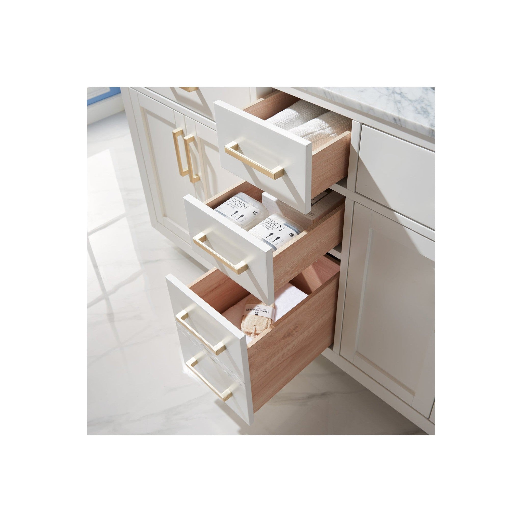 Ivy 60" Double Bathroom Vanity Set in White and Carrara White Marble Countertop without Mirror