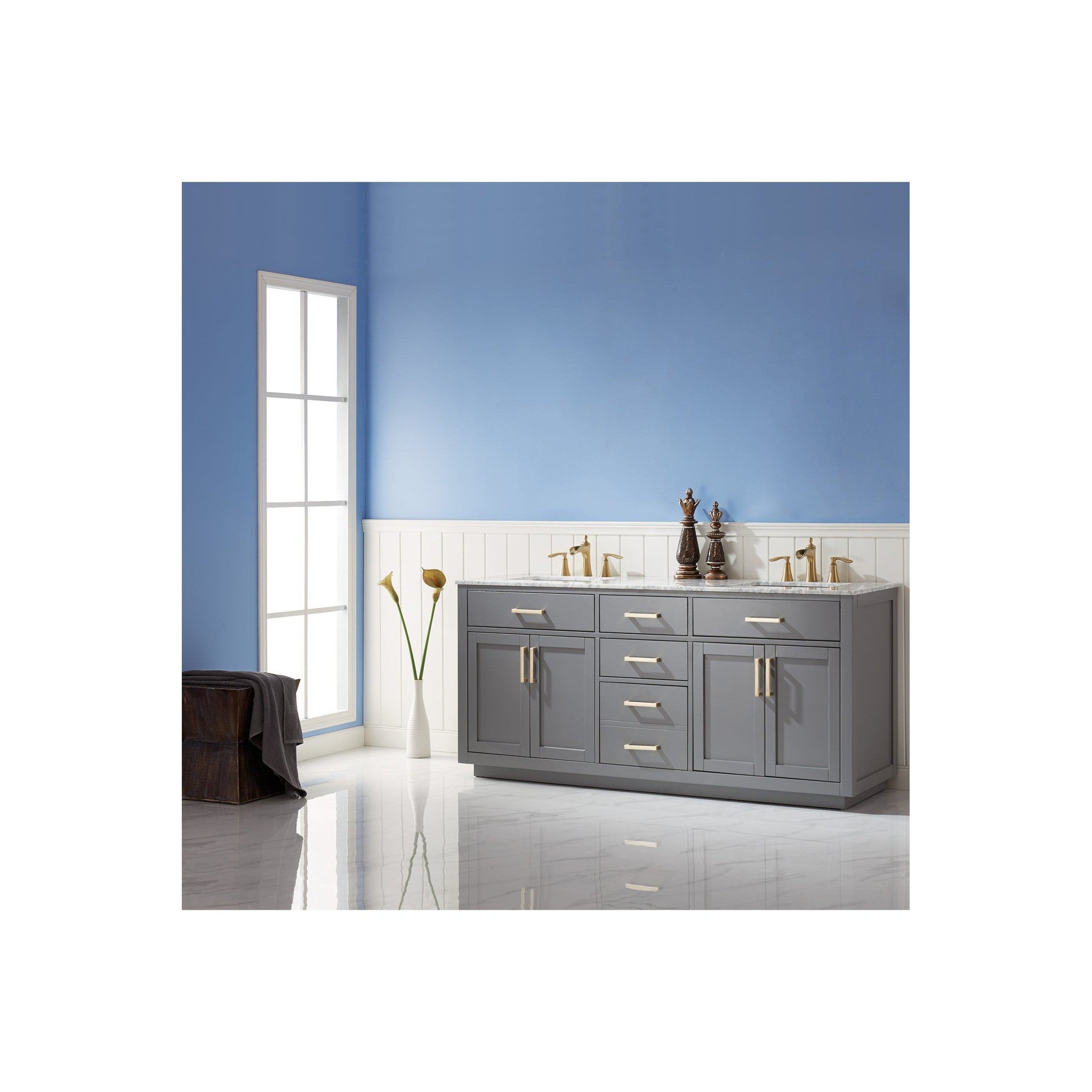 Ivy 72" Double Bathroom Vanity Set in Gray and Carrara White Marble Countertop without Mirror