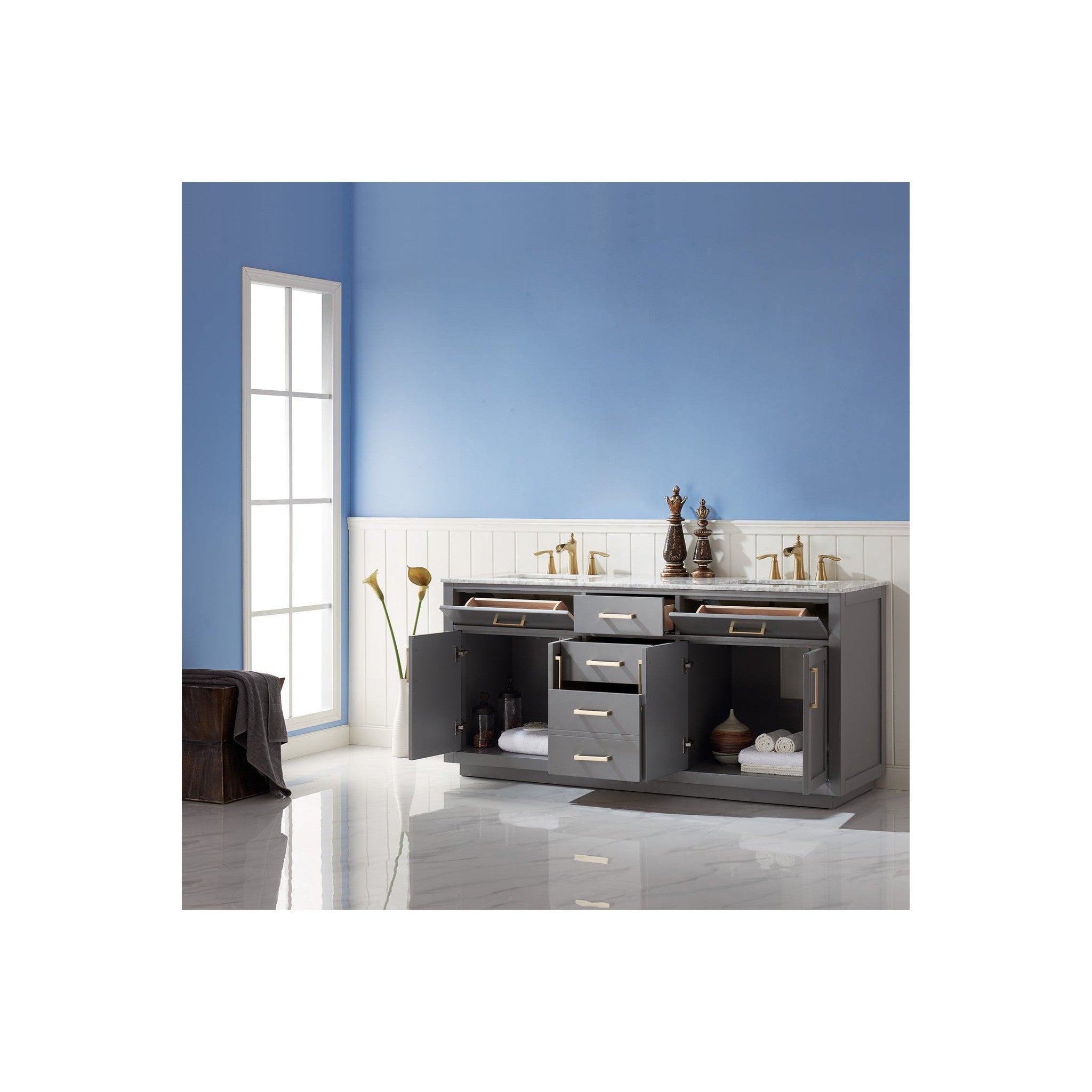 Ivy 72" Double Bathroom Vanity Set in Gray and Carrara White Marble Countertop without Mirror