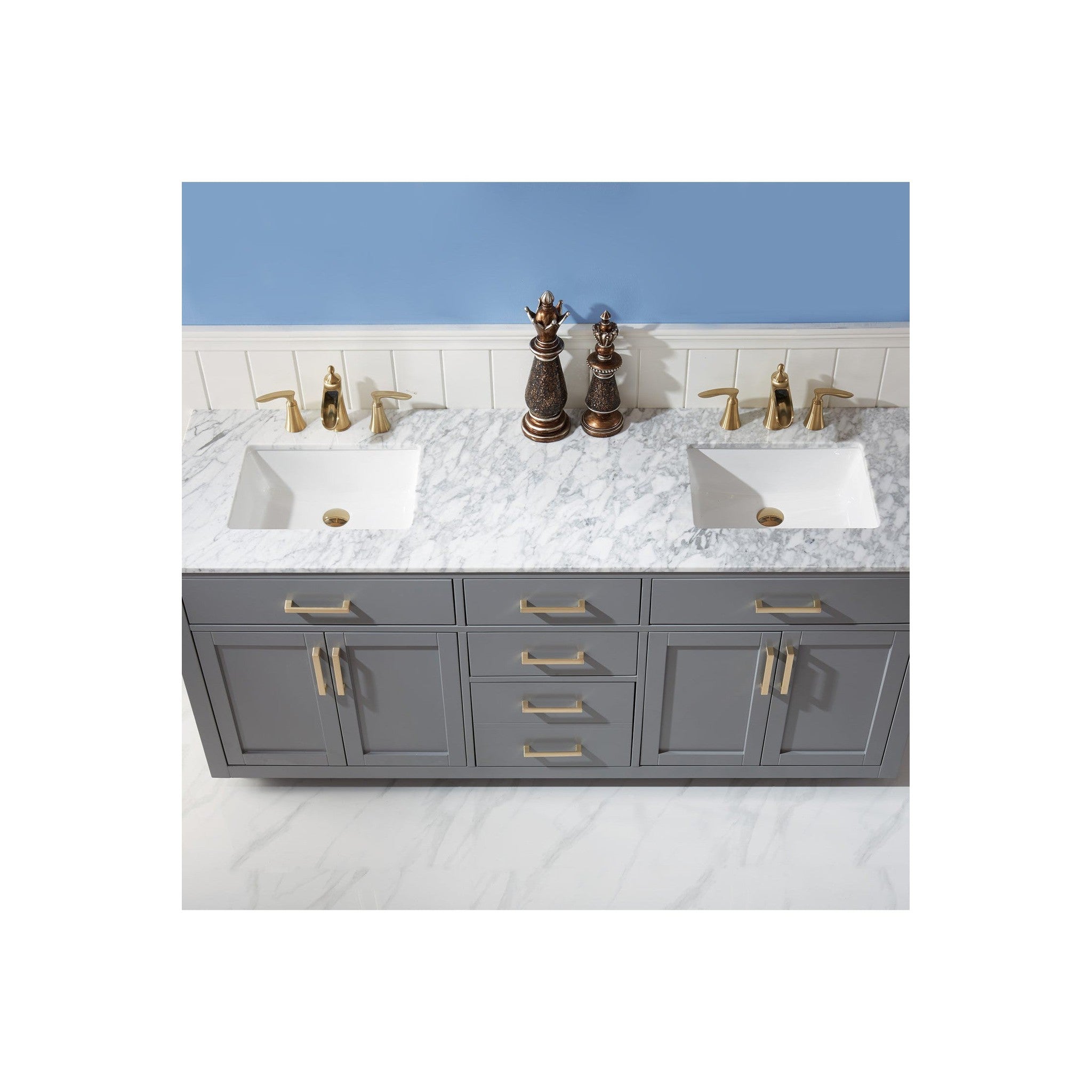 Ivy 72" Double Bathroom Vanity Set in Gray and Carrara White Marble Countertop without Mirror