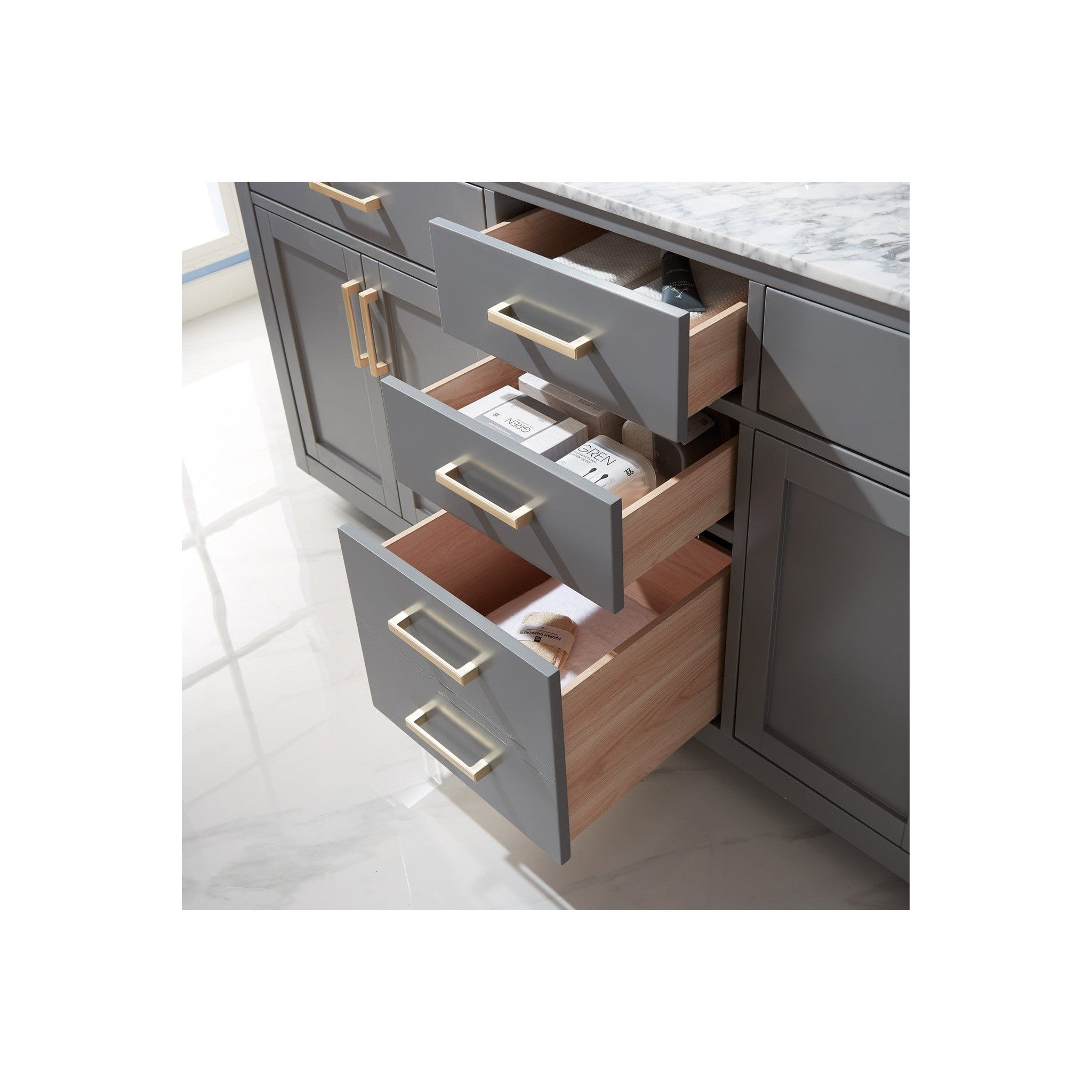 Ivy 72" Double Bathroom Vanity Set in Gray and Carrara White Marble Countertop without Mirror