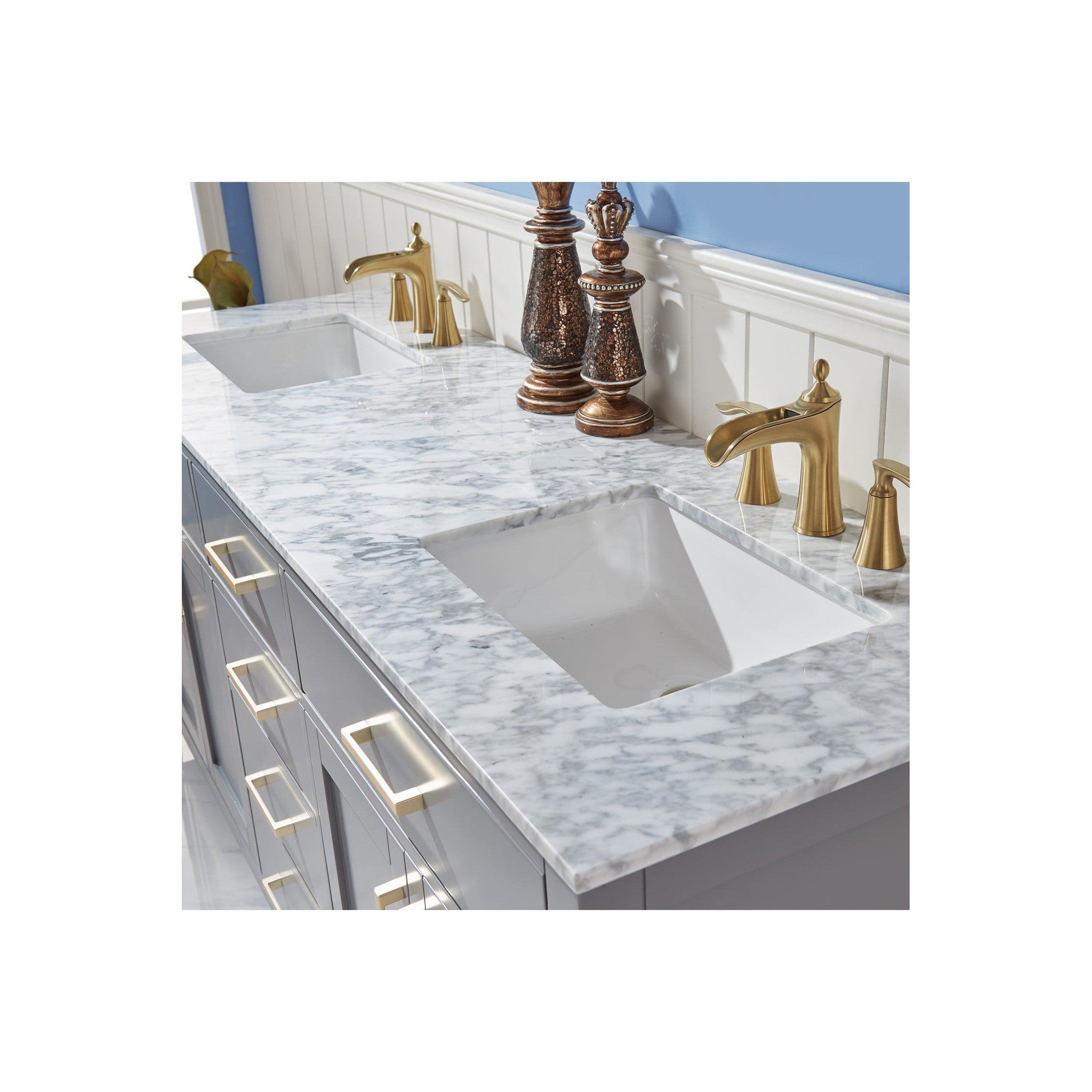 Ivy 72" Double Bathroom Vanity Set in Gray and Carrara White Marble Countertop without Mirror