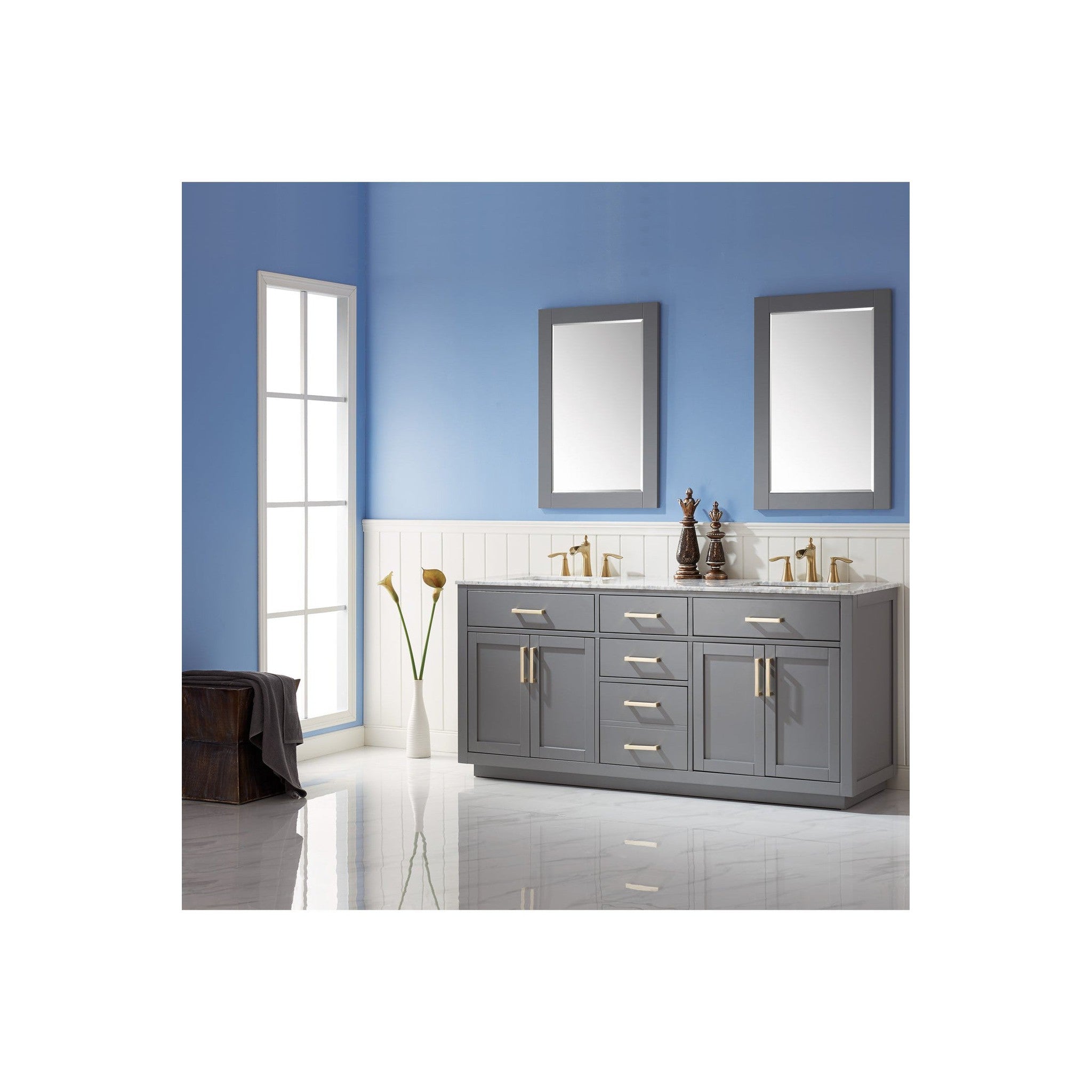 Ivy 72" Double Bathroom Vanity Set in Gray and Carrara White Marble Countertop with Mirror
