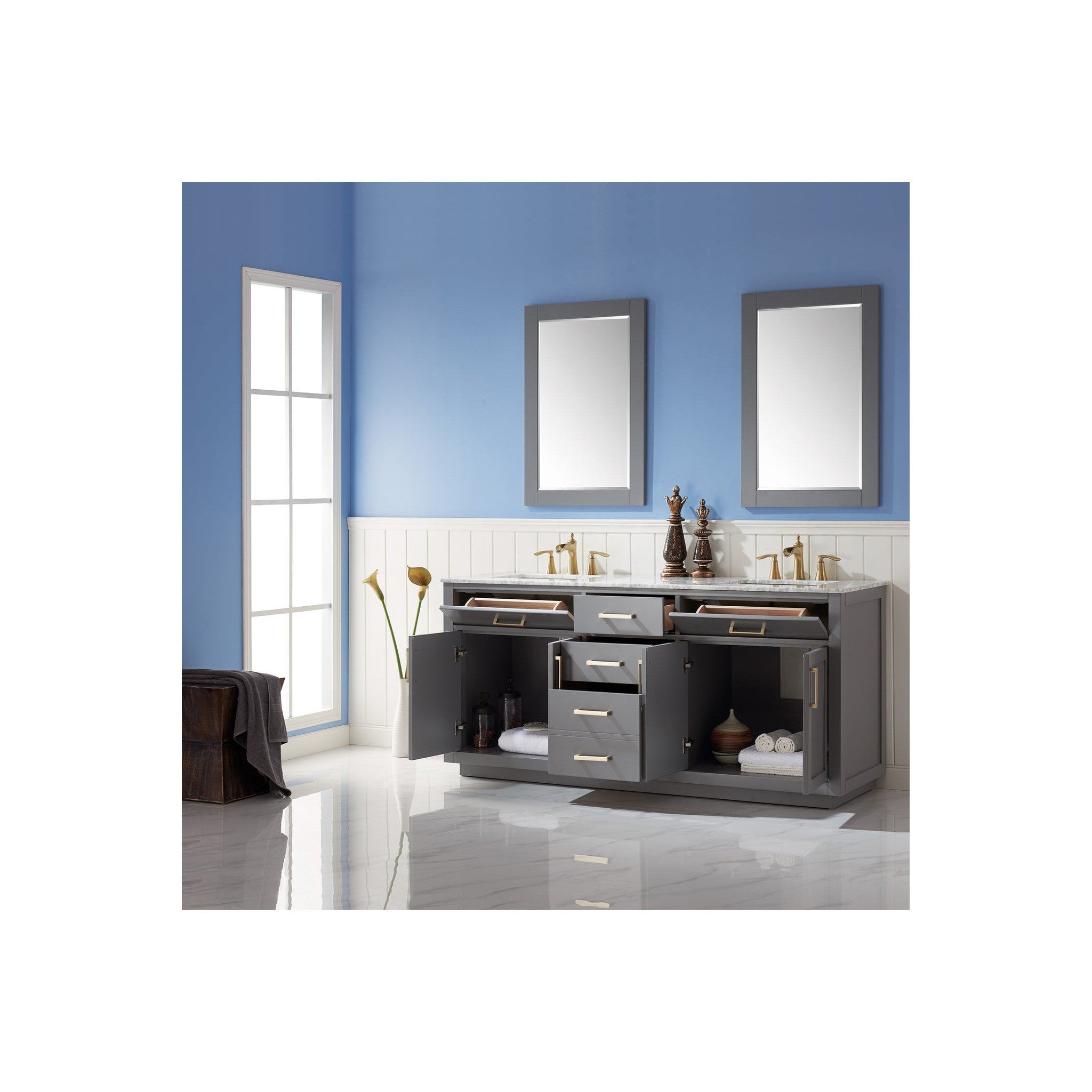 Ivy 72" Double Bathroom Vanity Set in Gray and Carrara White Marble Countertop with Mirror