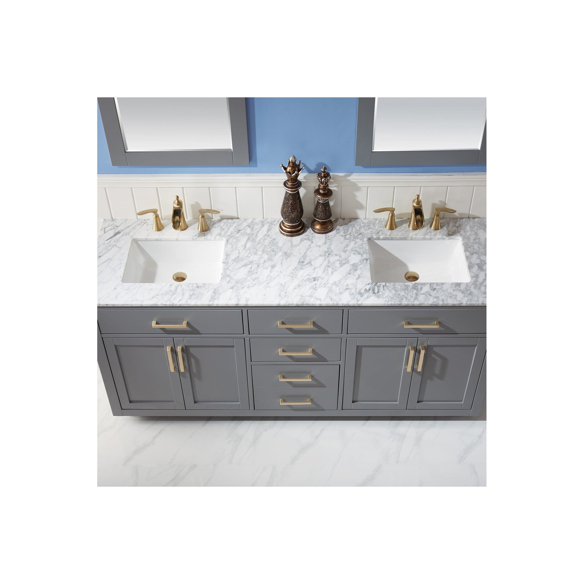 Ivy 72" Double Bathroom Vanity Set in Gray and Carrara White Marble Countertop with Mirror