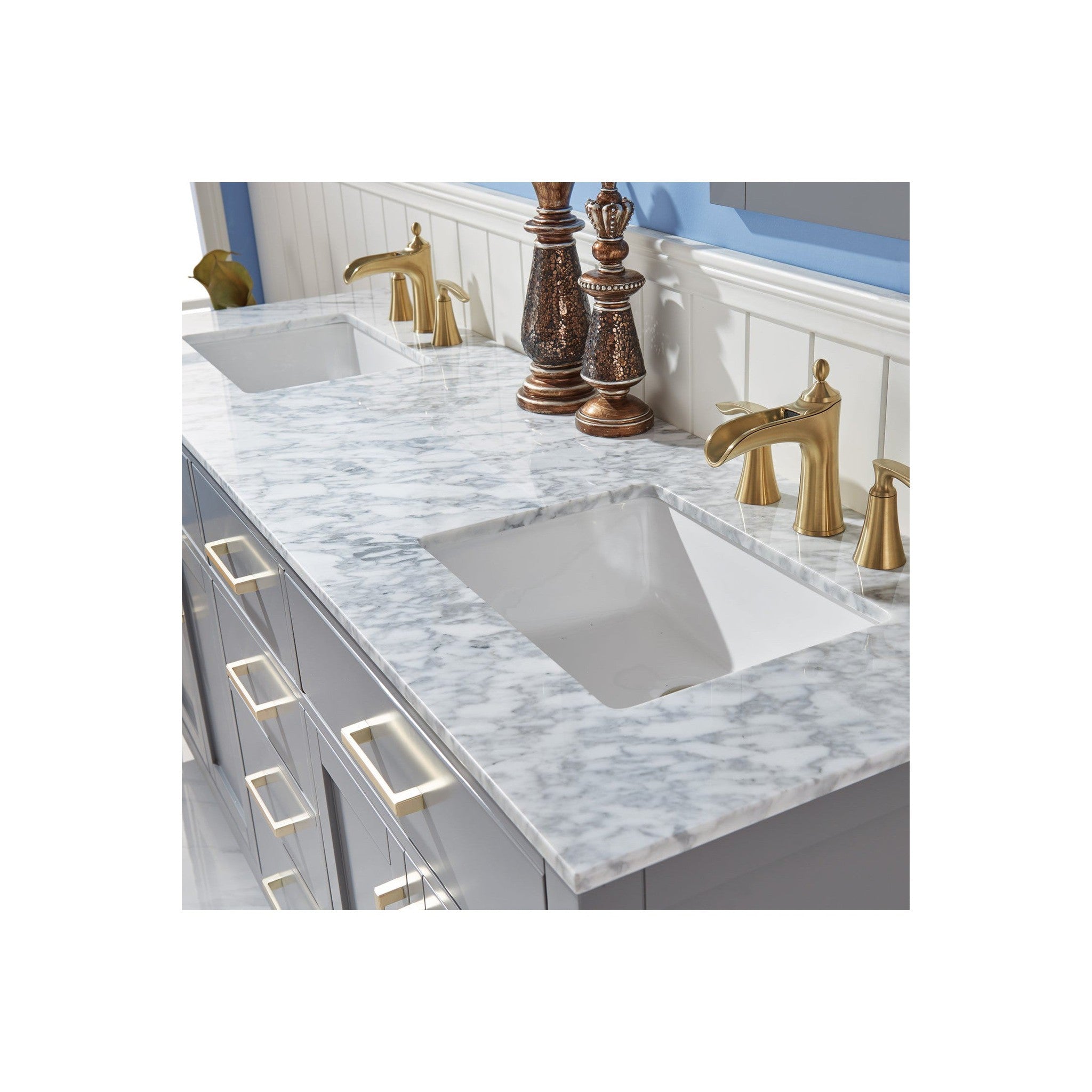 Ivy 72" Double Bathroom Vanity Set in Gray and Carrara White Marble Countertop with Mirror