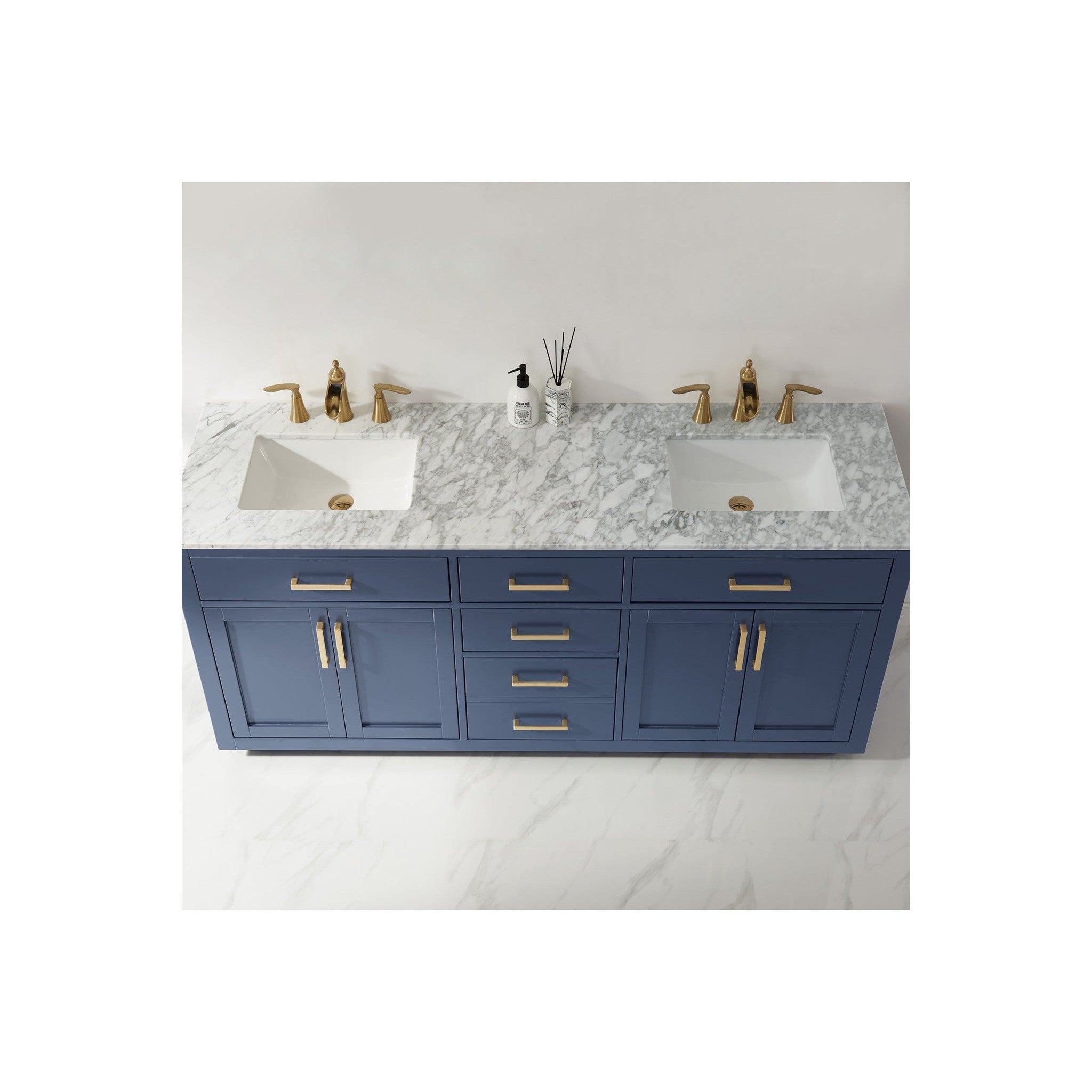 Ivy 72" Double Bathroom Vanity Set in Royal Blue and Carrara White Marble Countertop without Mirror