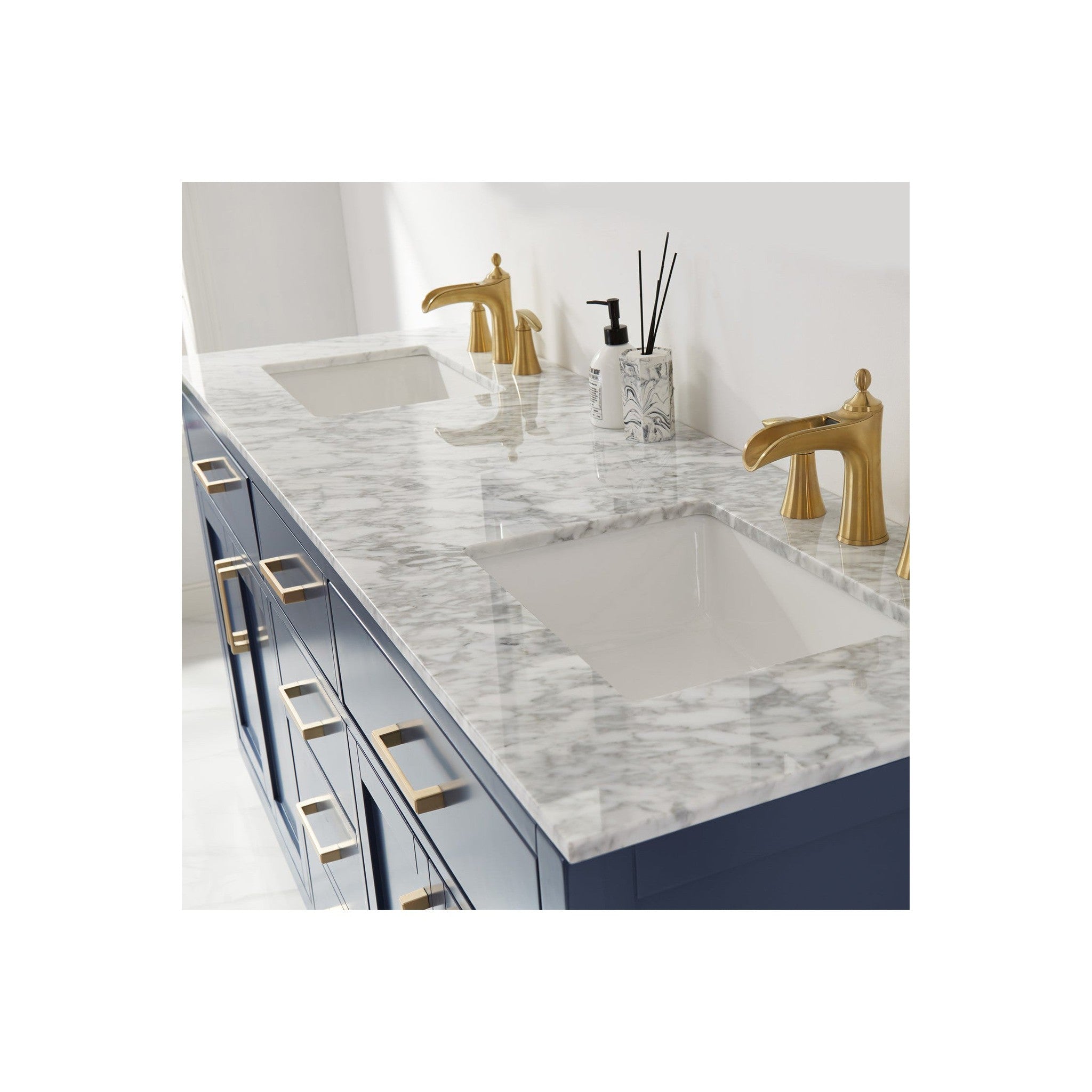 Ivy 72" Double Bathroom Vanity Set in Royal Blue and Carrara White Marble Countertop without Mirror