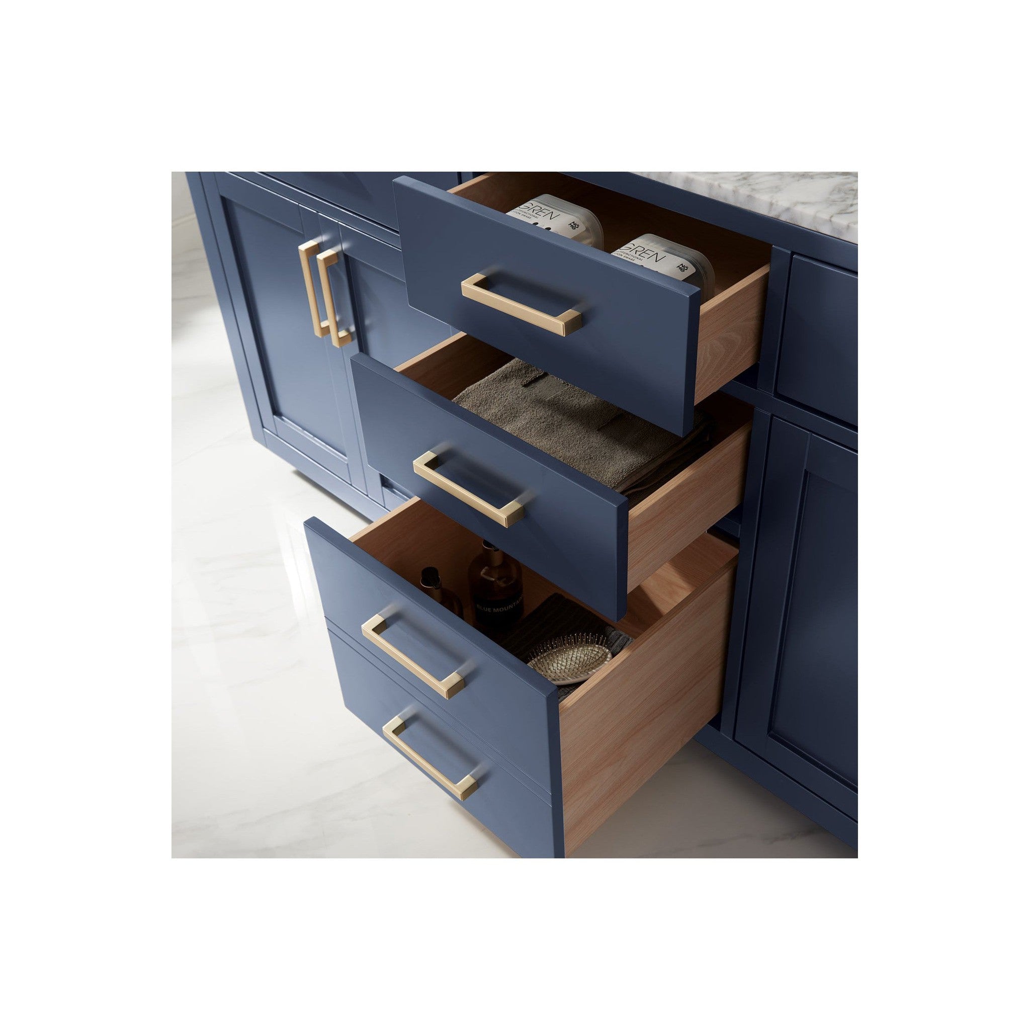 Ivy 72" Double Bathroom Vanity Set in Royal Blue and Carrara White Marble Countertop without Mirror