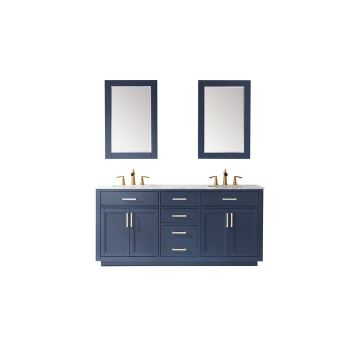 Ivy 72" Double Bathroom Vanity Set in Royal Blue and Carrara White Marble Countertop with Mirror