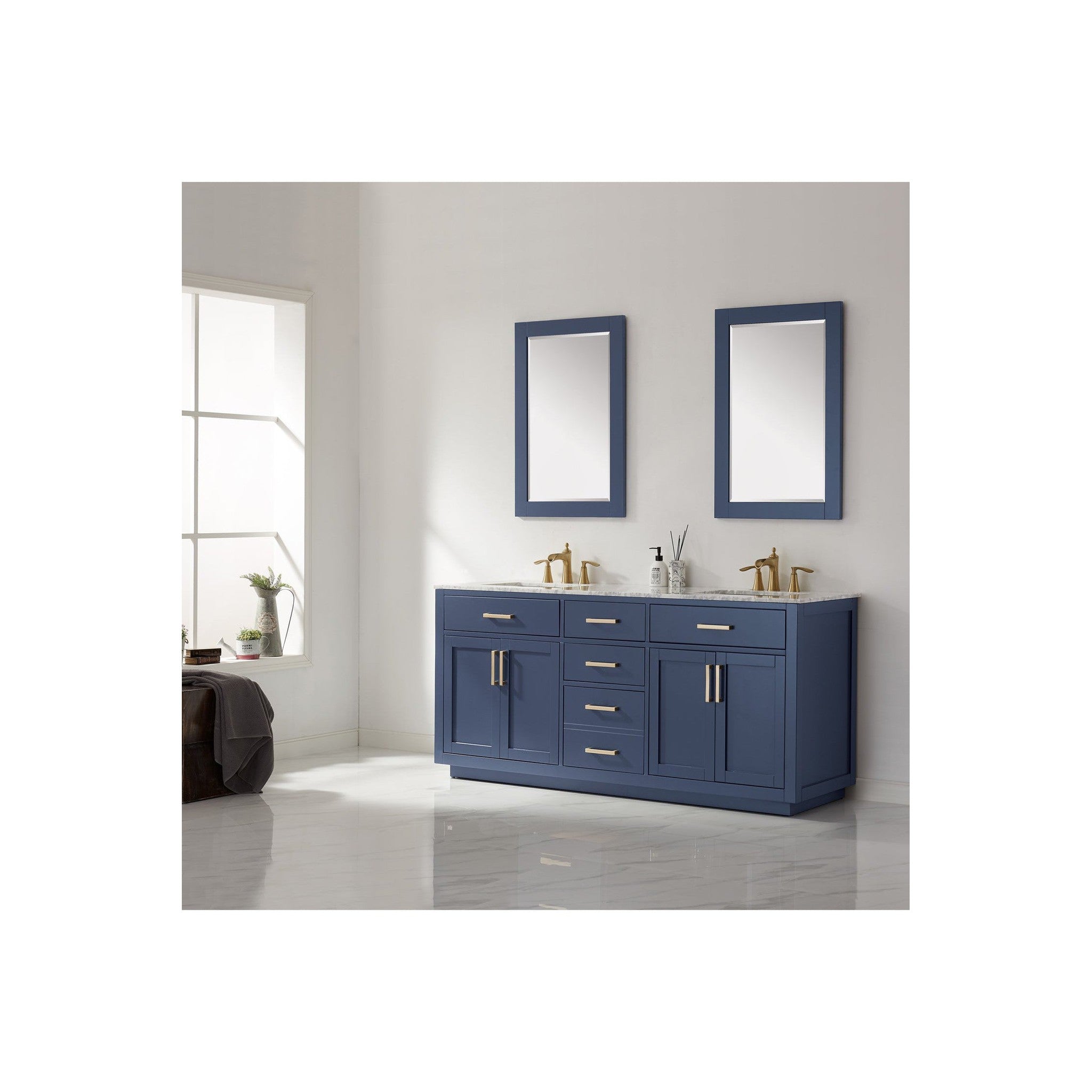 Ivy 72" Double Bathroom Vanity Set in Royal Blue and Carrara White Marble Countertop with Mirror