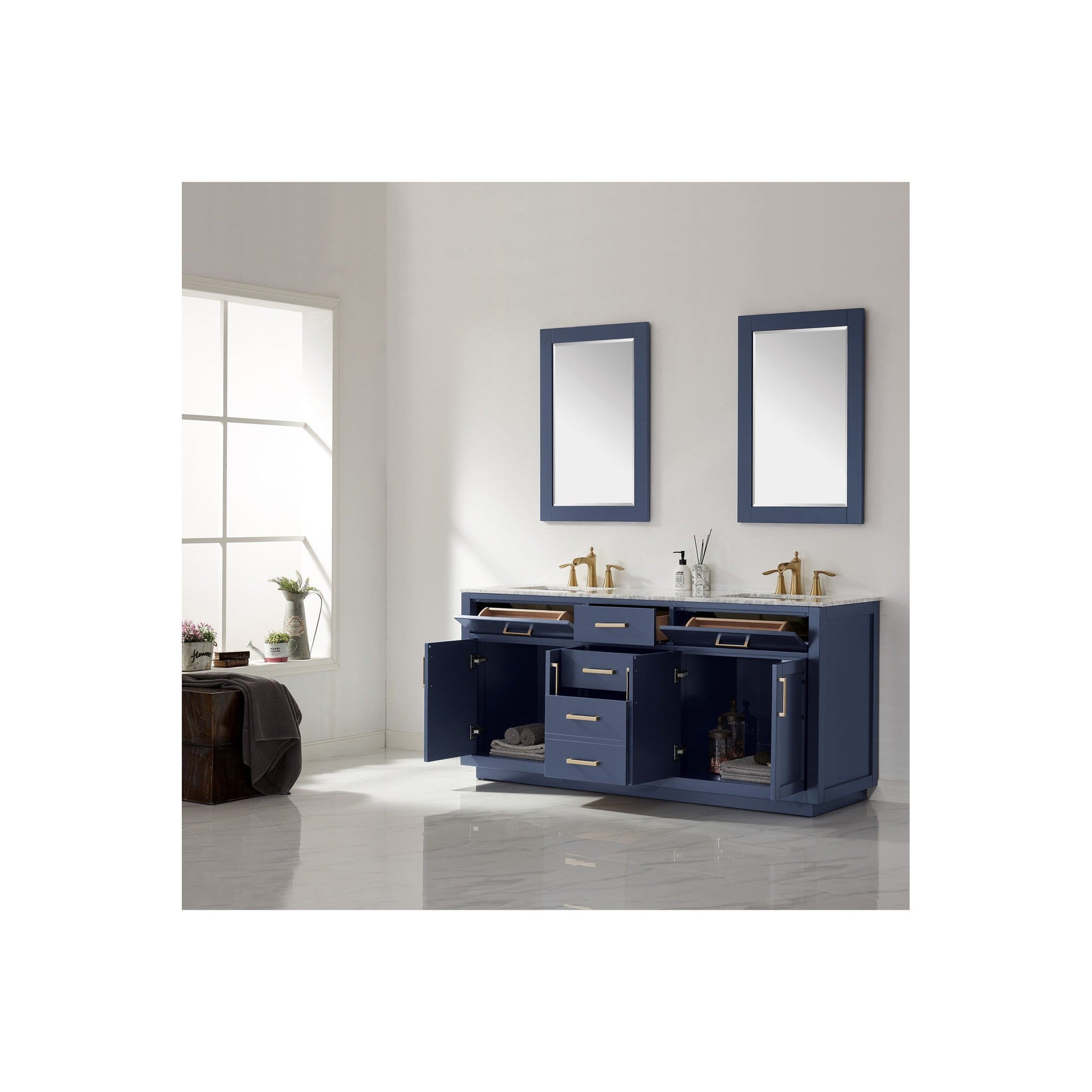 Ivy 72" Double Bathroom Vanity Set in Royal Blue and Carrara White Marble Countertop with Mirror