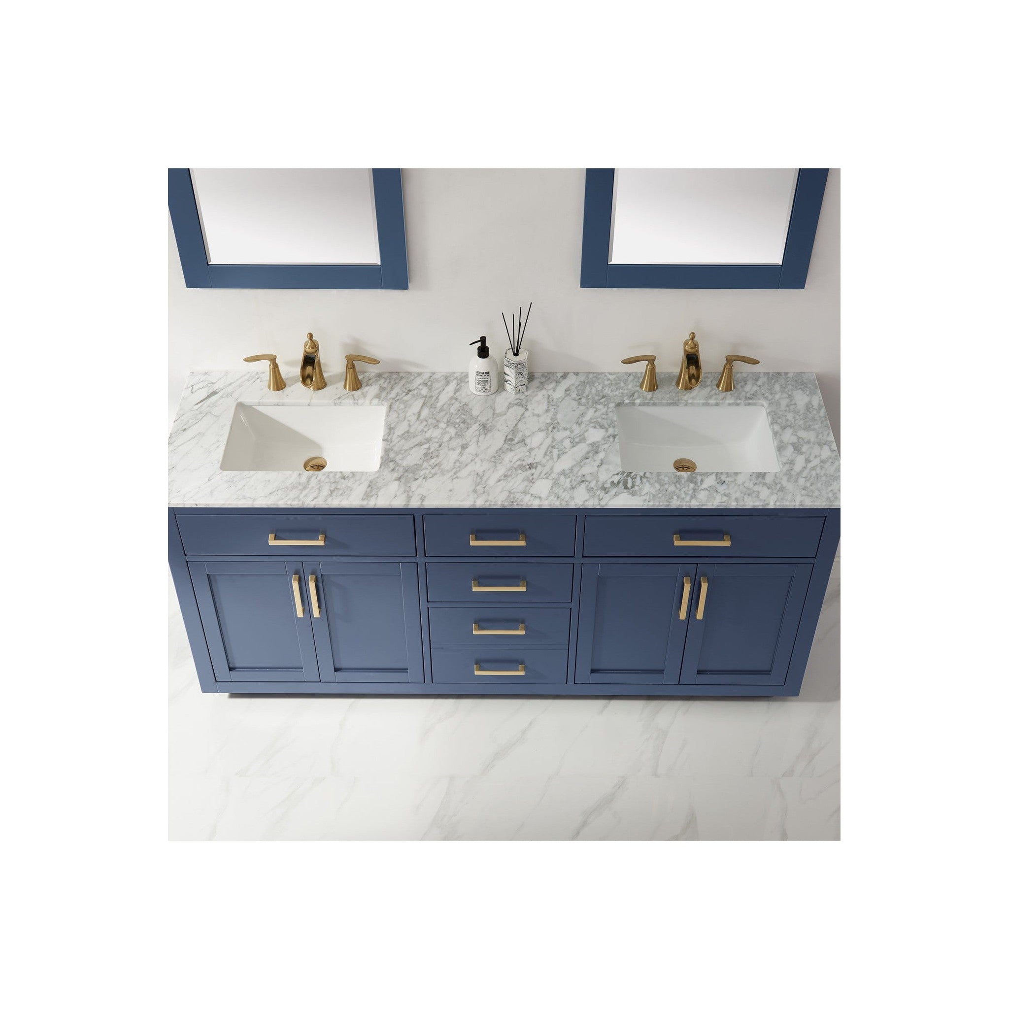 Ivy 72" Double Bathroom Vanity Set in Royal Blue and Carrara White Marble Countertop with Mirror