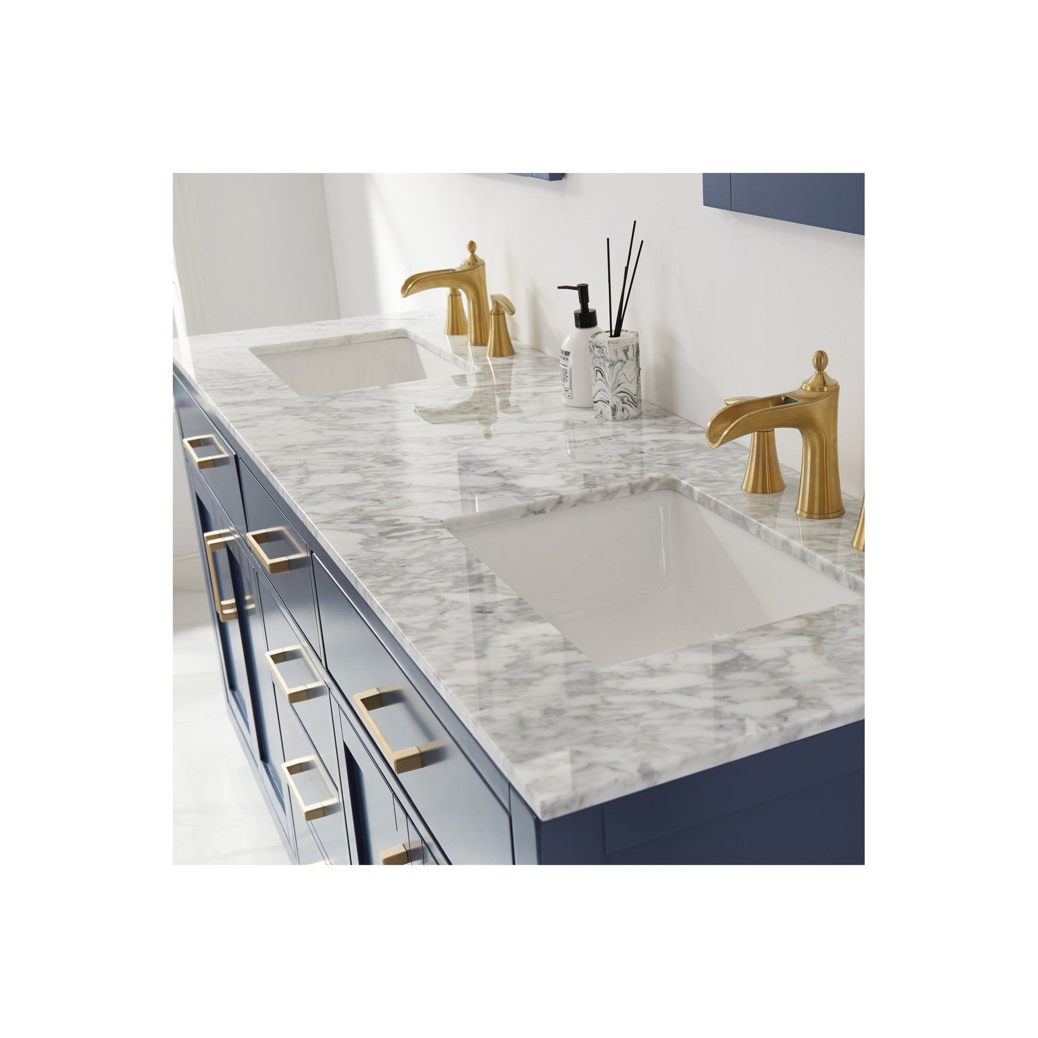 Ivy 72" Double Bathroom Vanity Set in Royal Blue and Carrara White Marble Countertop with Mirror
