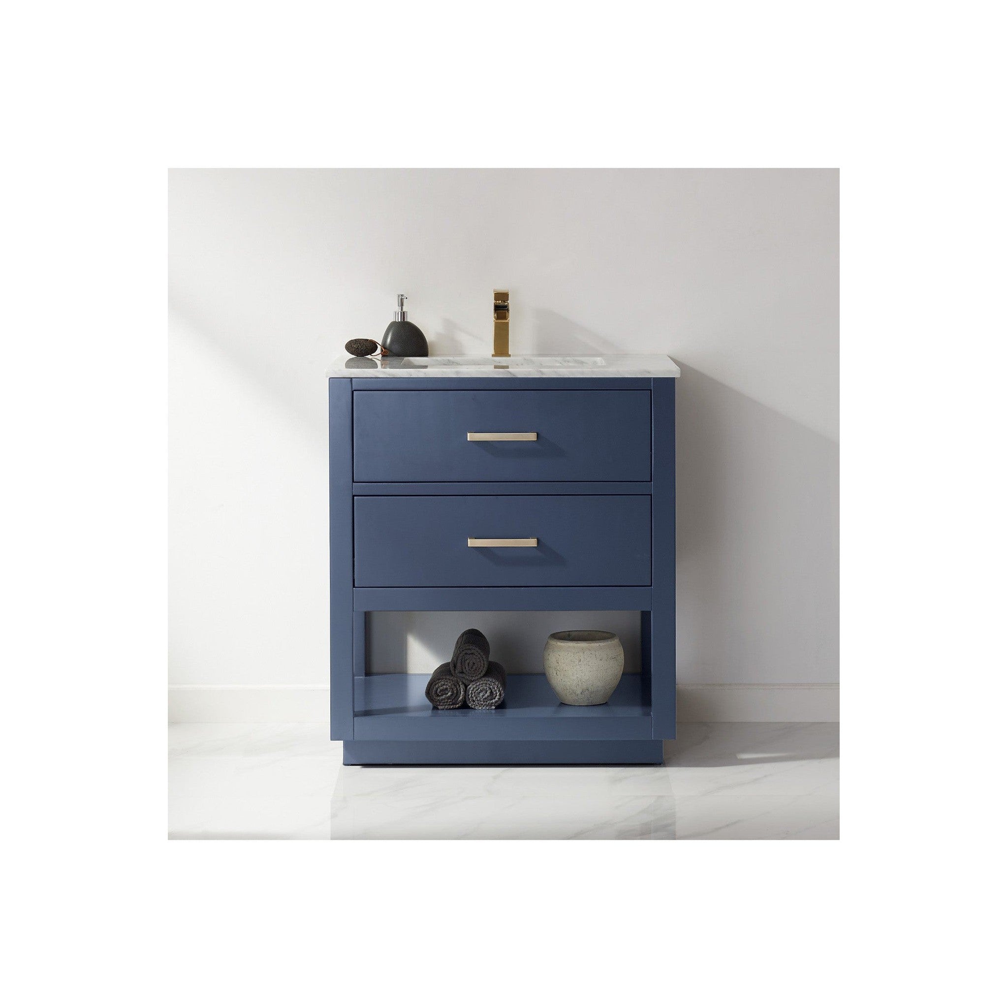 Remi 30" Single Bathroom Vanity Set in Royal Blue and Carrara White Marble Countertop without Mirror