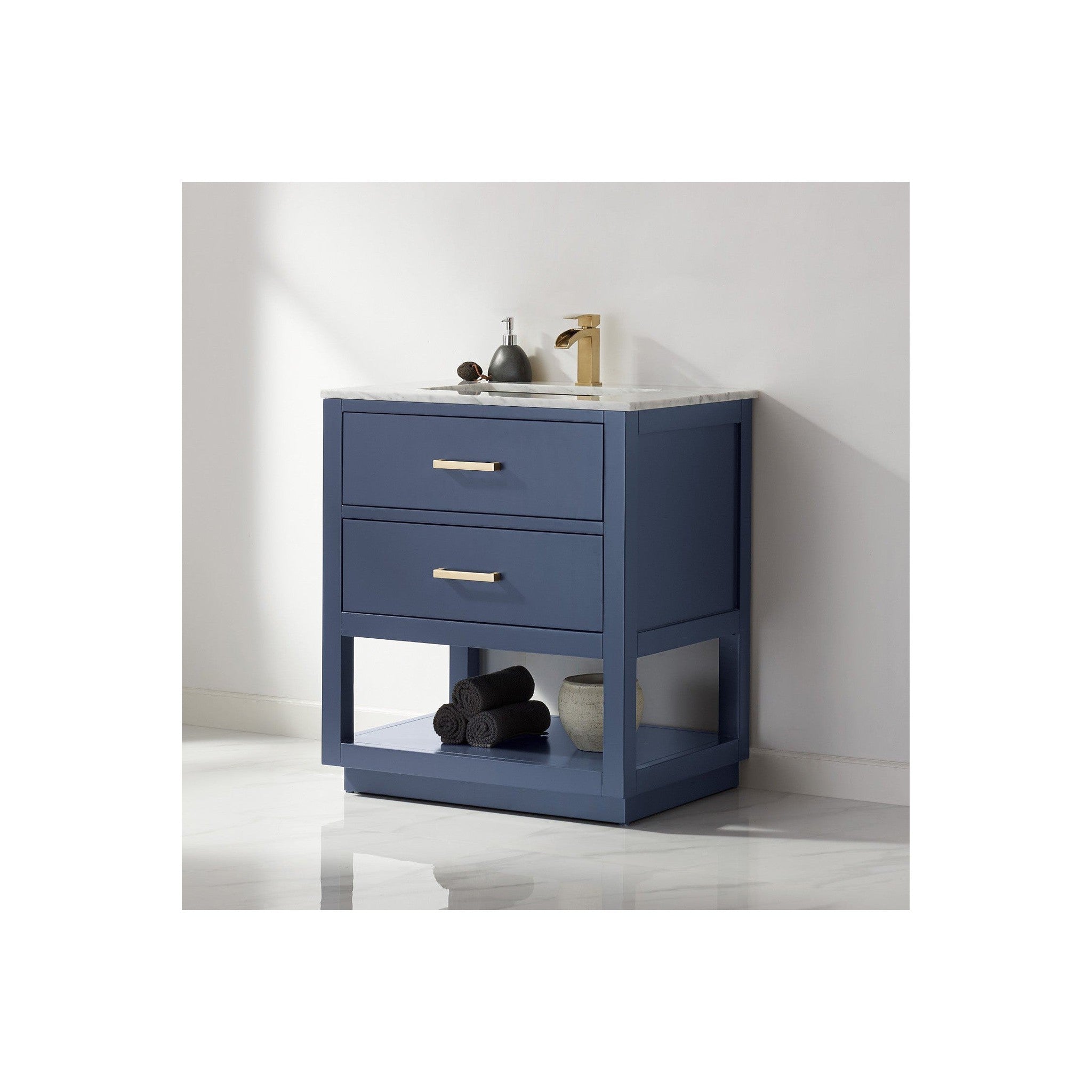 Remi 30" Single Bathroom Vanity Set in Royal Blue and Carrara White Marble Countertop without Mirror